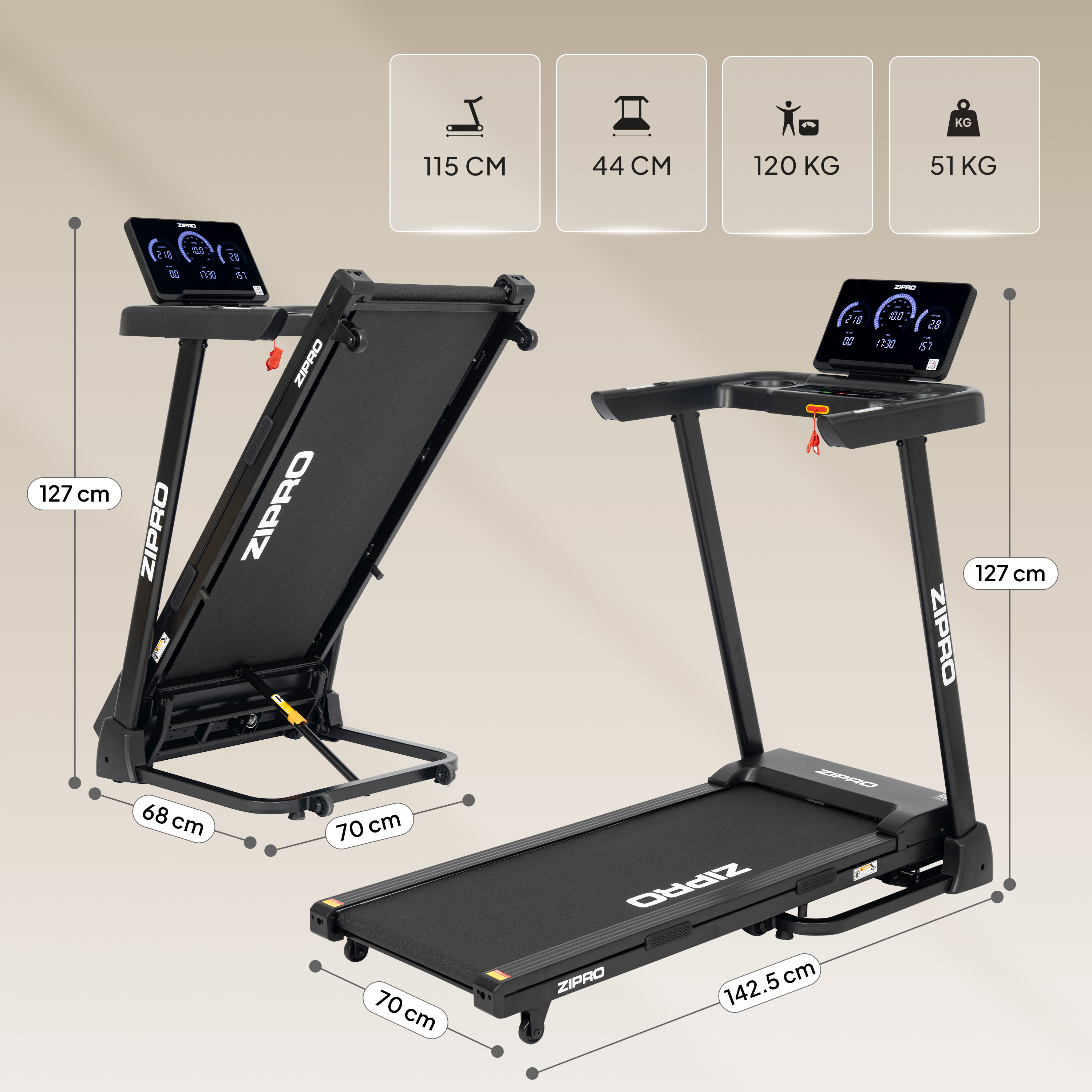 Ein schwarzes ZIPRO-Laufband, aufgestellt und zusammengeklappt, mit Maßen.