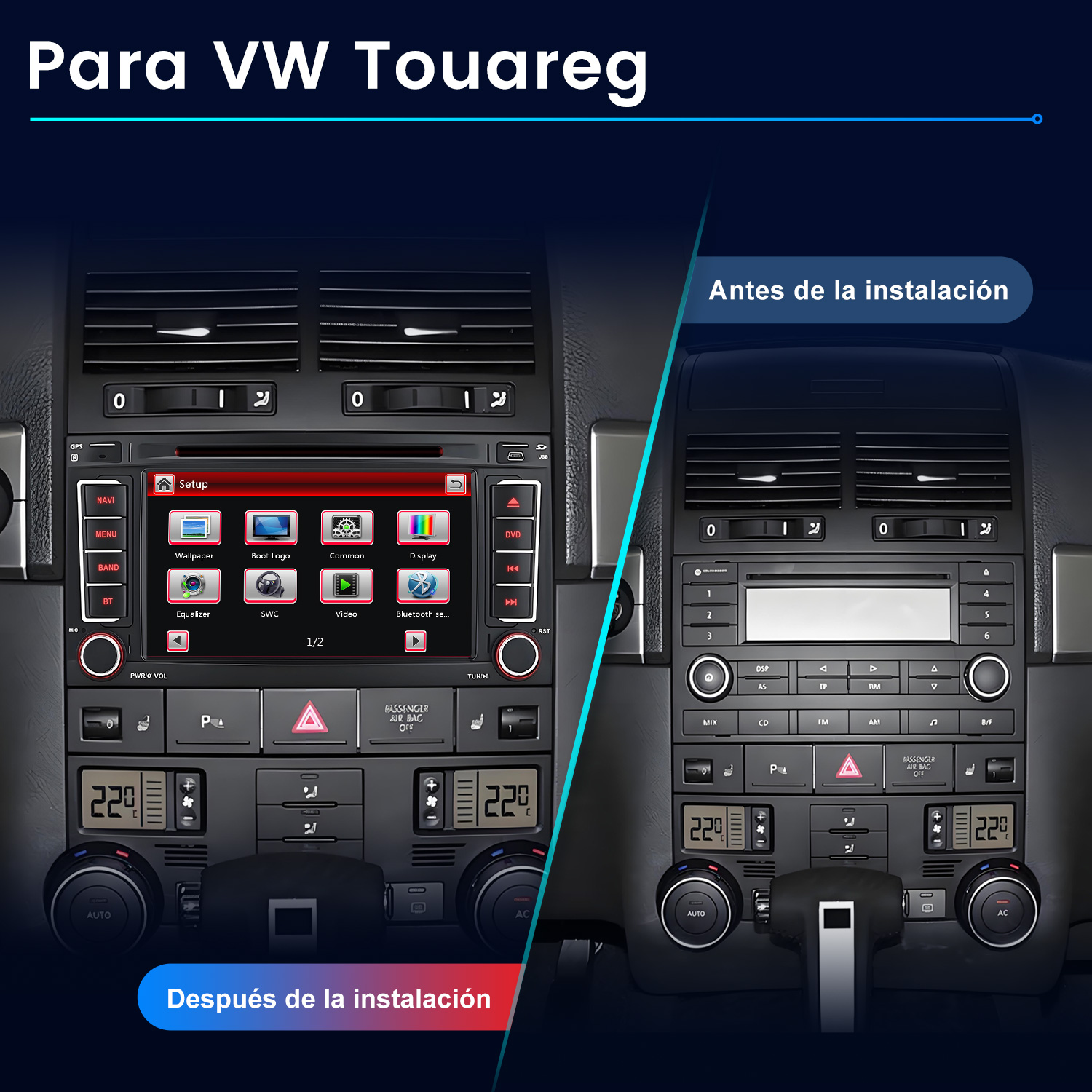 Comparación antes/después de un sistema de infoentretenimiento VW Touareg. Izquierda: Nuevo sistema con pantalla táctil. Derecha: Sistema antiguo.