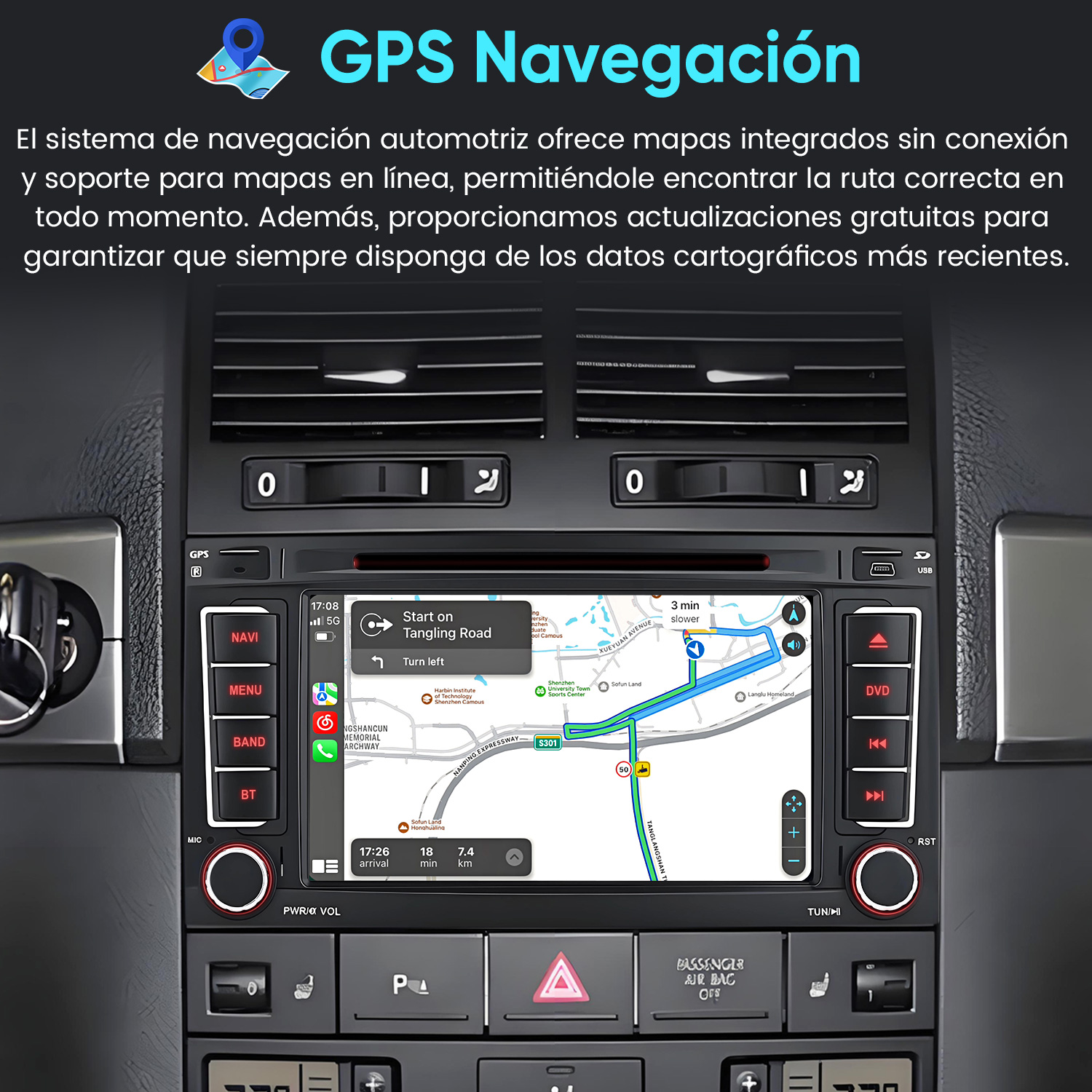 El sistema de navegación de un coche muestra un mapa con guía de ruta e información de tráfico.