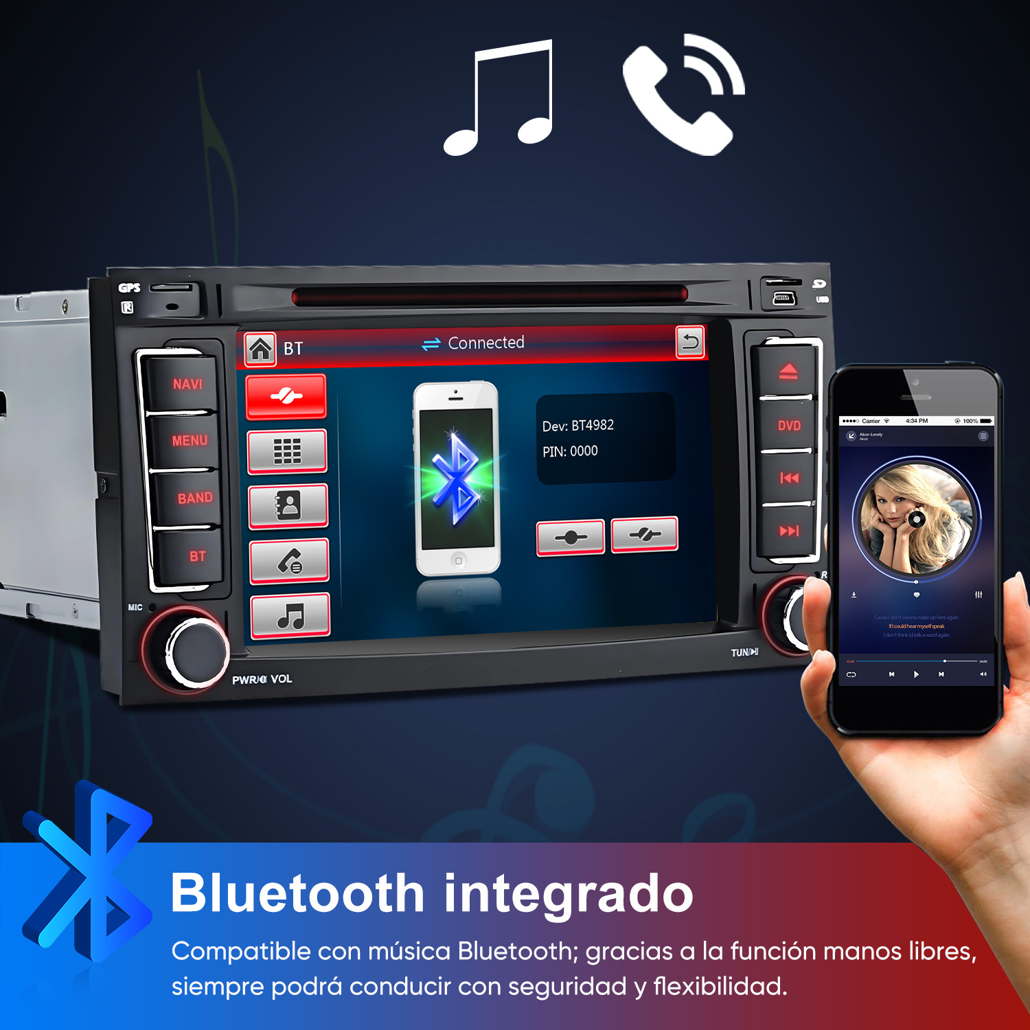 Radio de coche conectada a un smartphone reproduciendo música. Símbolo Bluetooth.