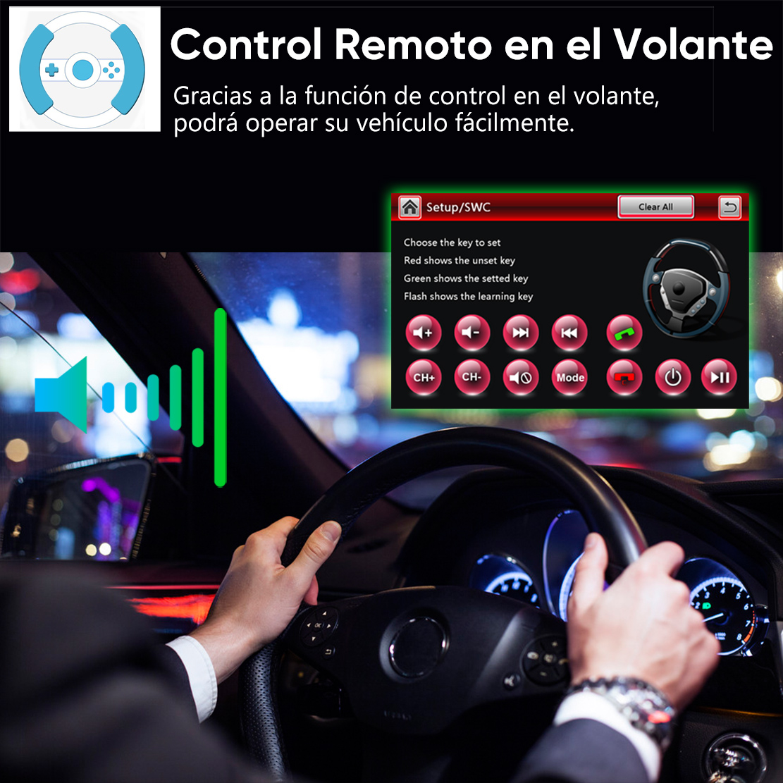 Conductor sujeta volante; pantalla muestra asignación de botones remoto.