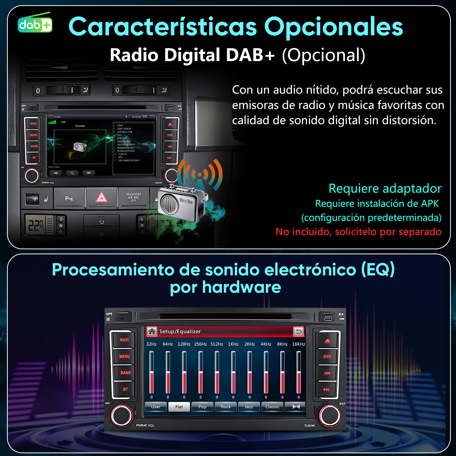 Una radio de coche con función DAB+ y ajustes de EQ.