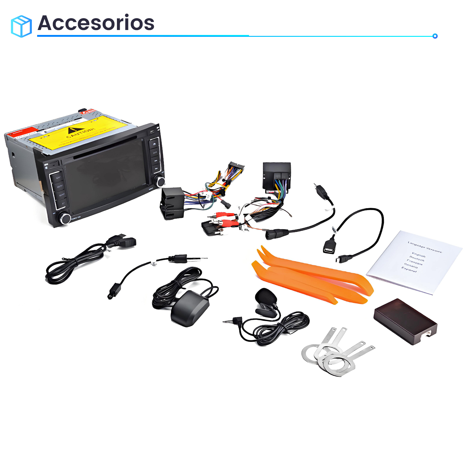 Radio de coche con cables, antena GPS, micrófono, herramientas y manual sobre fondo blanco.