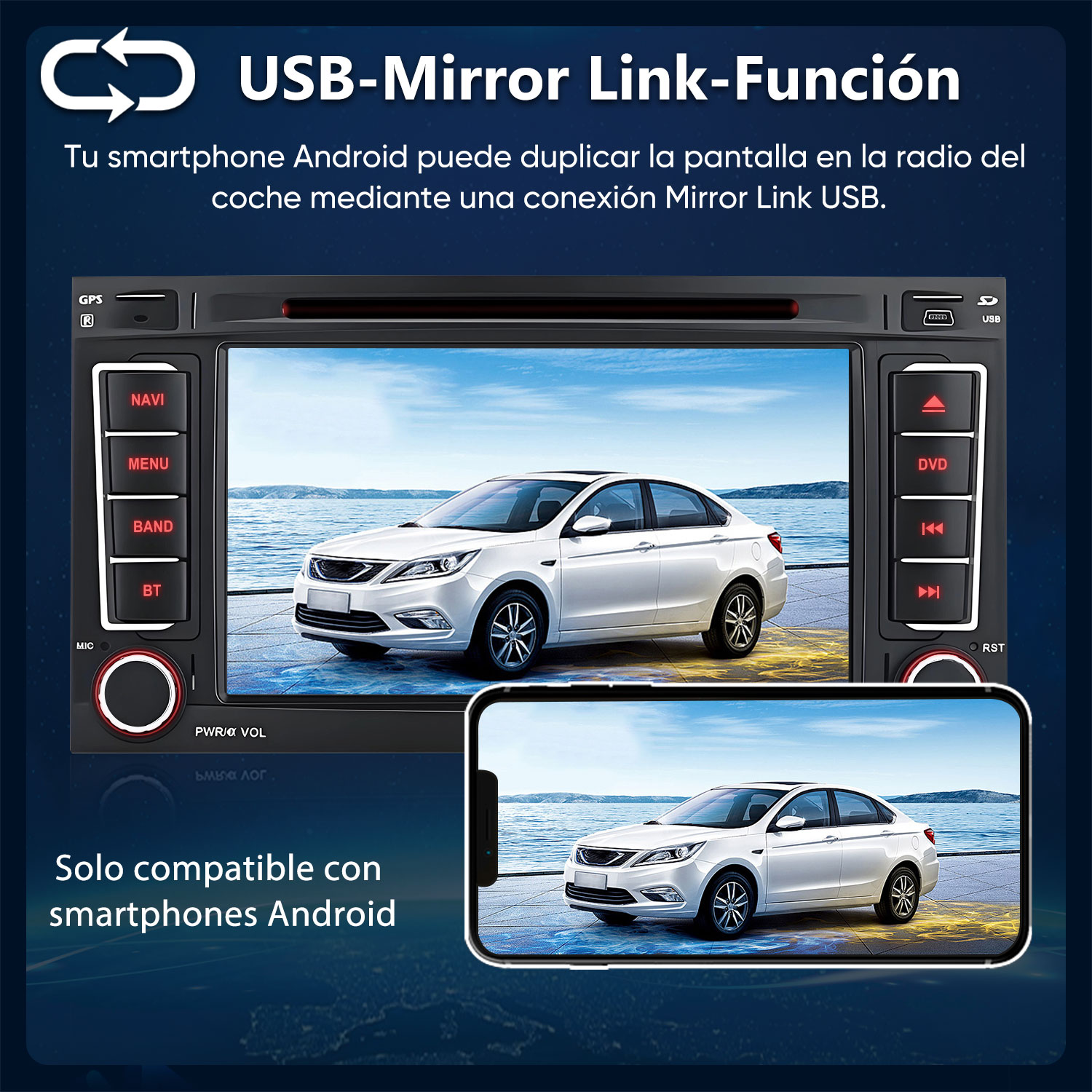 Radio de coche muestra un coche blanco junto al agua. Un smartphone refleja la imagen.