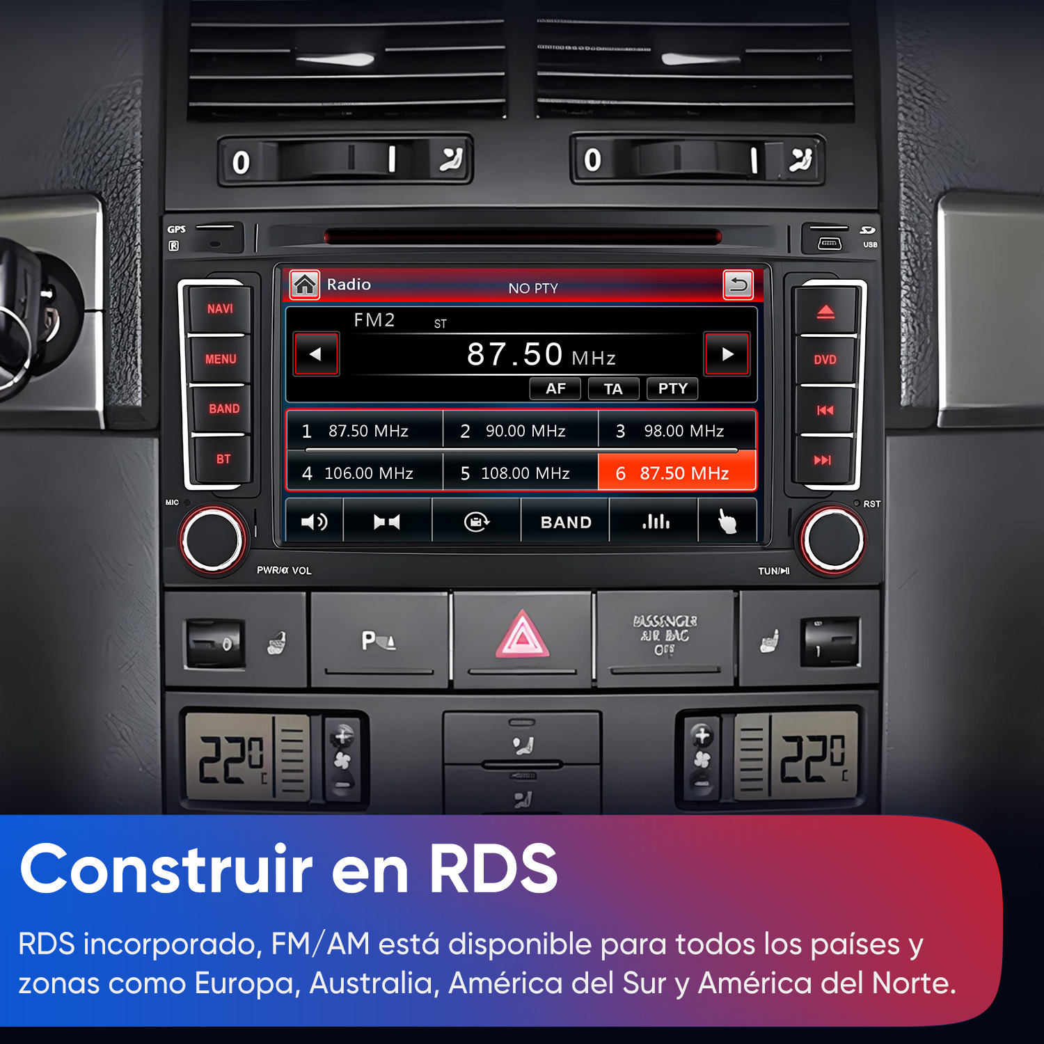 Radio de coche con pantalla mostrando 87.50 MHz, botones y rejillas.