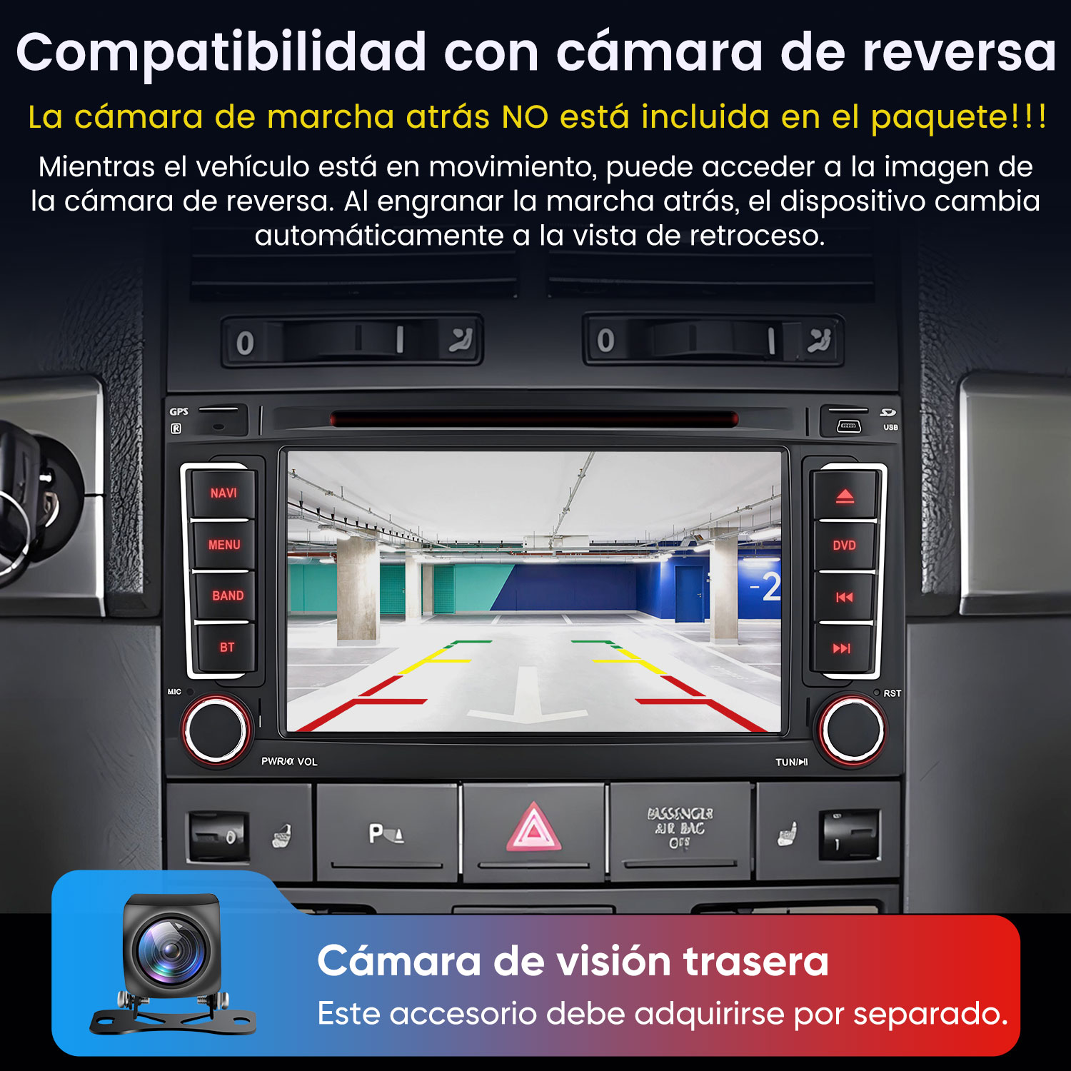 Salpicadero de coche con pantalla mostrando vista de aparcamiento y cámara trasera.