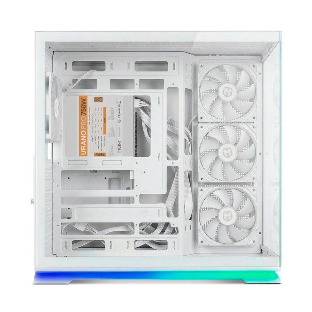 Una caja de PC blanca con fuente de alimentación, cables y tres ventiladores. Iluminación RGB abajo.