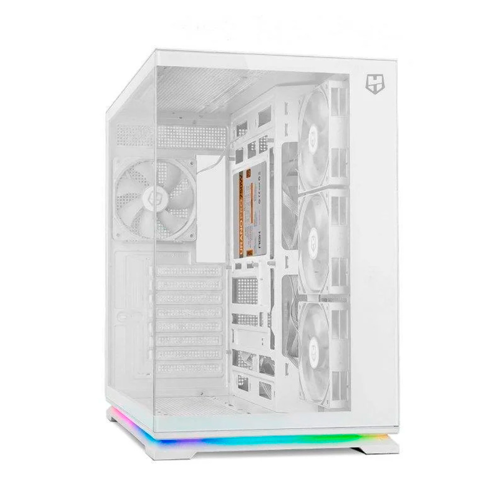 Una caja de ordenador blanca con iluminación RGB en la base y ventiladores.