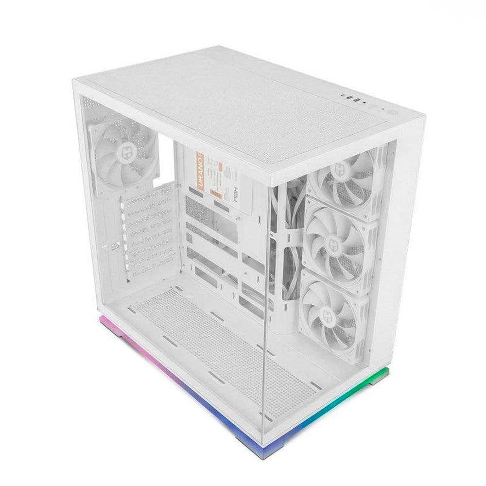 Caja de PC blanca con panel lateral de vidrio, múltiples ventiladores blancos y base LED colorida.