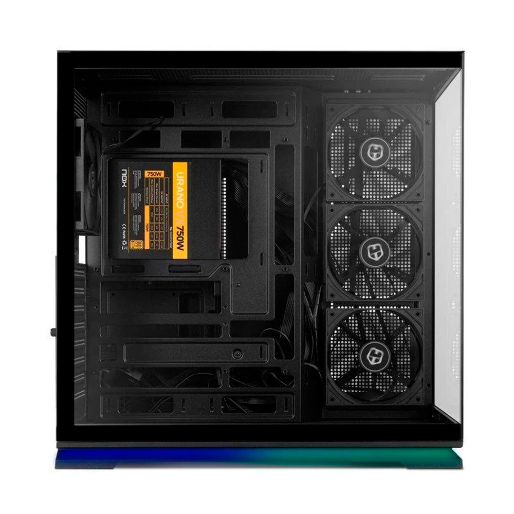 Una caja de PC con fuente de alimentación y tres ventiladores. La base tiene iluminación colorida.