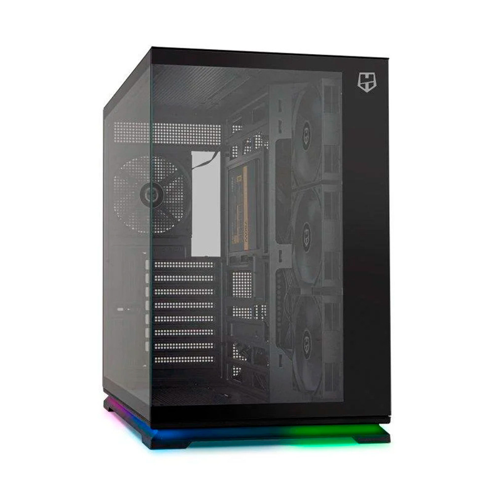 Caja de PC negra con frontal de cristal e iluminación RGB en la base.