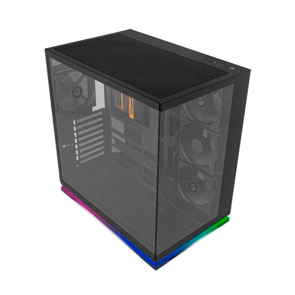 Una caja de computadora negra con panel lateral de vidrio, mostrando componentes internos e iluminación RGB.