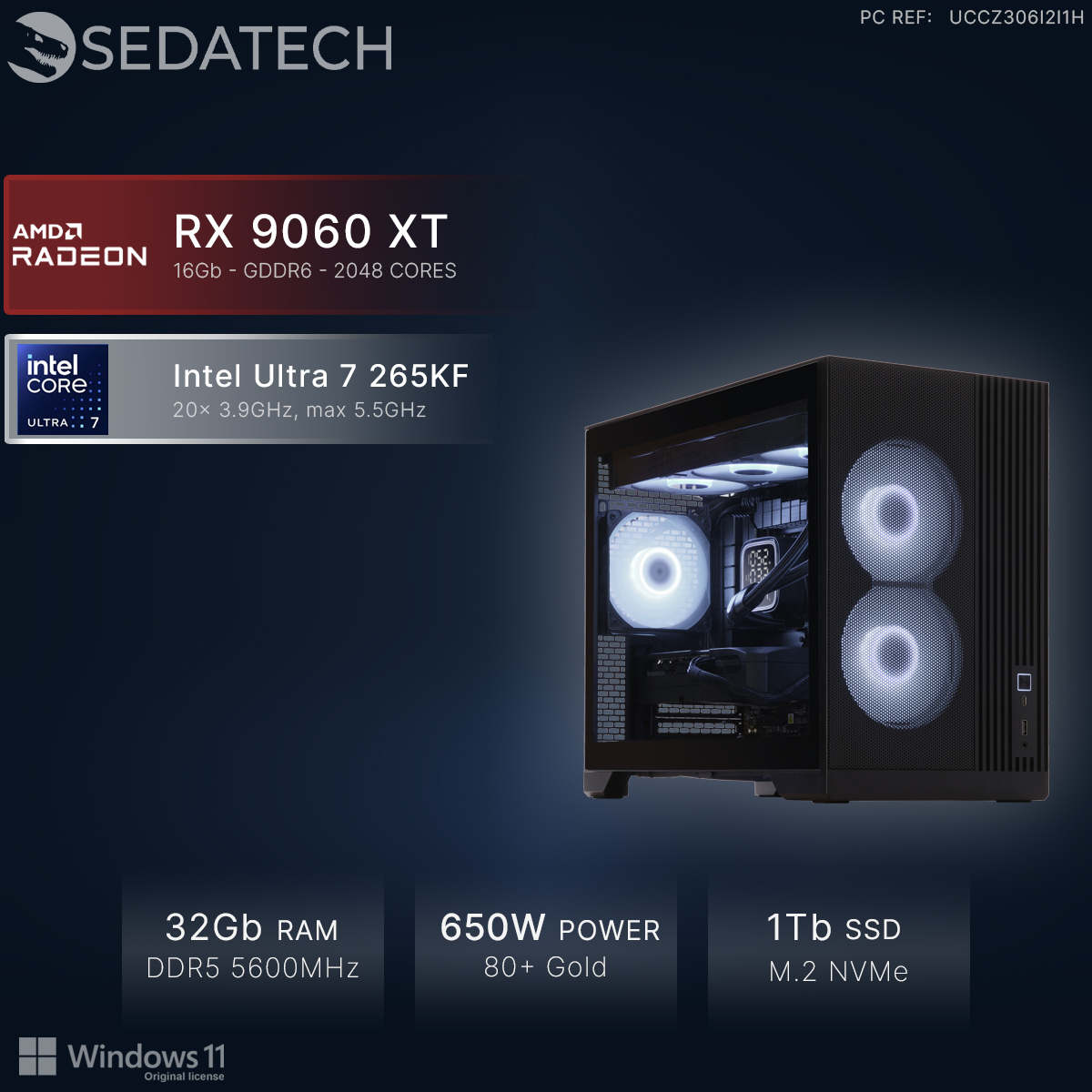 Black PC tower with illuminated fans, specs: Intel Ultra 7, RX 9060 XT, 32GB RAM, 650W.