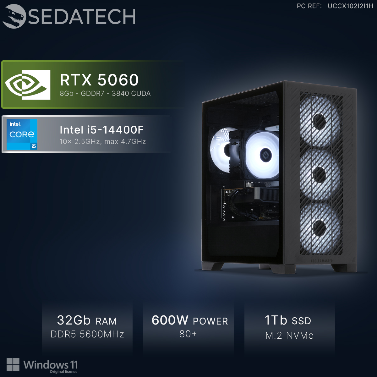 PC Gaming con RTX 5060, Intel i5-14400F, 32GB RAM, 1TB SSD.