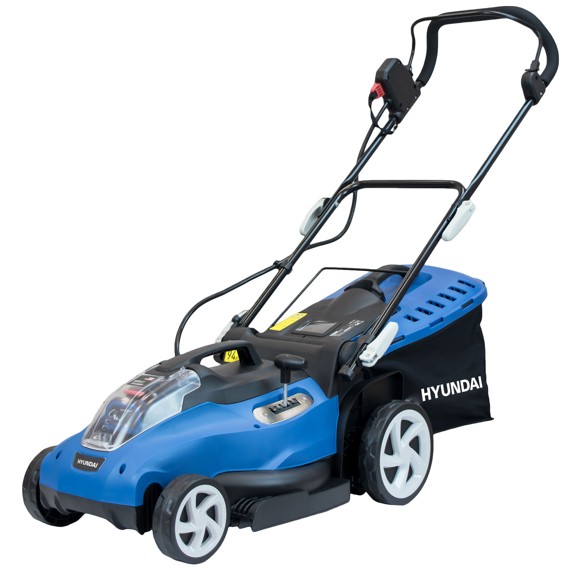 Un cortacésped Hyundai azul y negro con bolsa recolectora.
