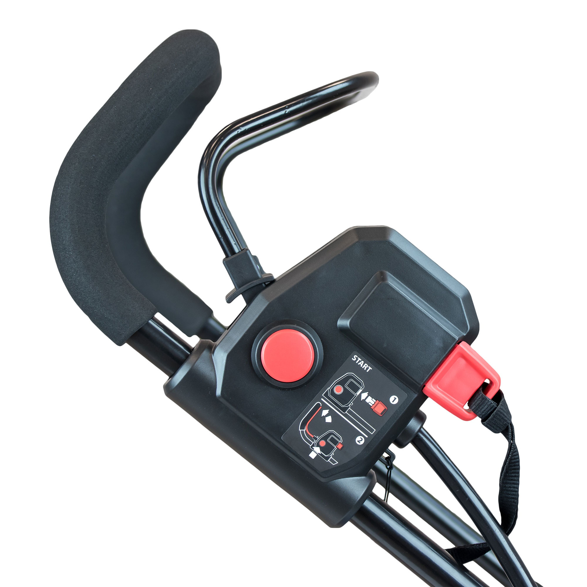 Primer plano de los controles de la cortadora de césped con botón rojo e icono de inicio.