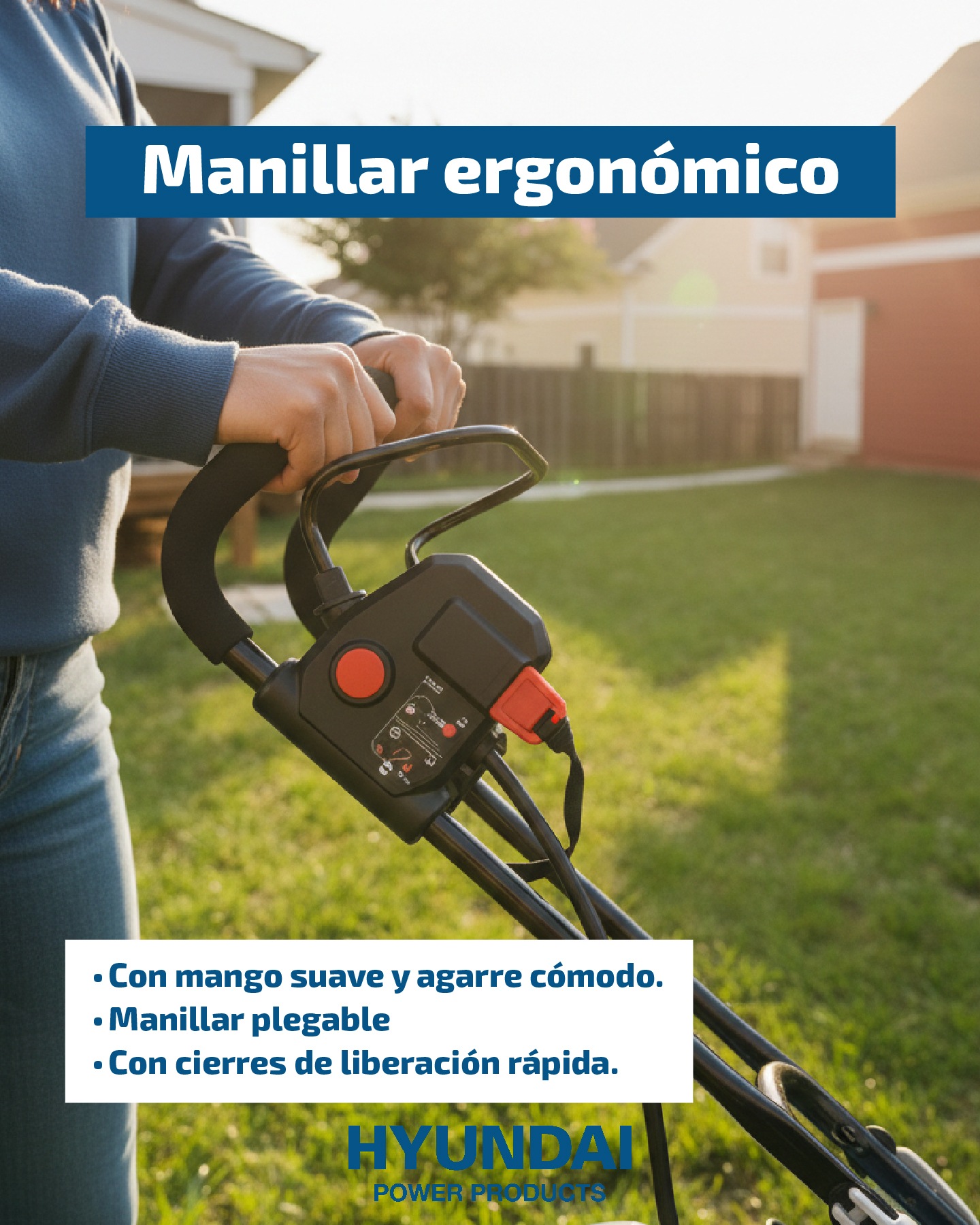 Persona operando cortacésped con mango ergonómico, casa al fondo.