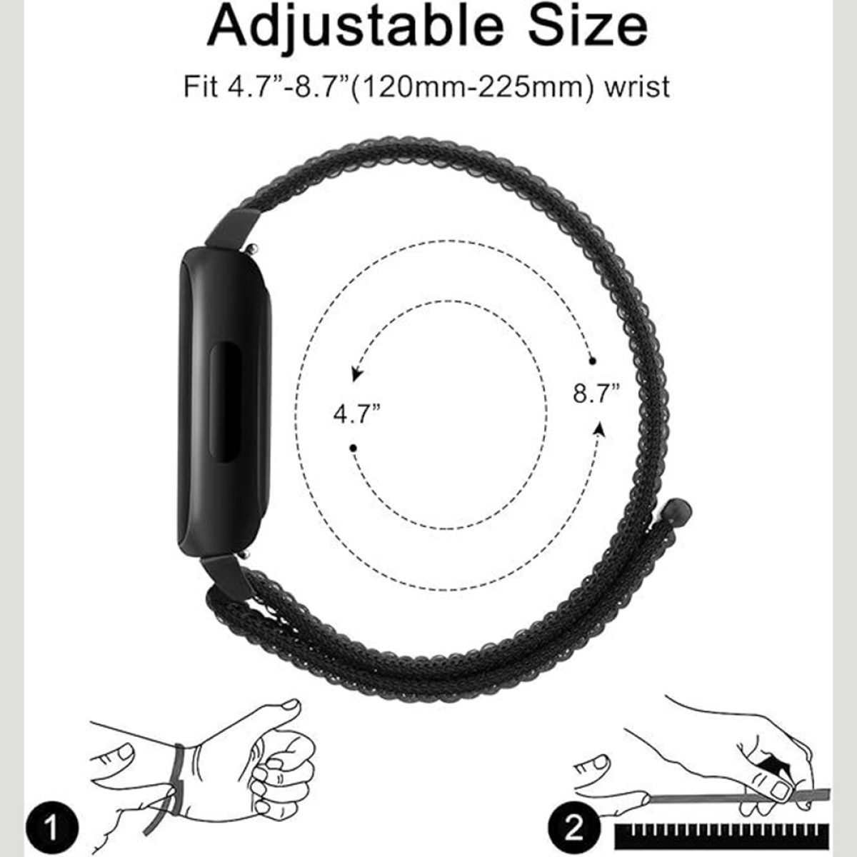 Schwarzes verstellbares Uhrenarmband, passend für 4,7-8,7 Zoll Handgelenke.