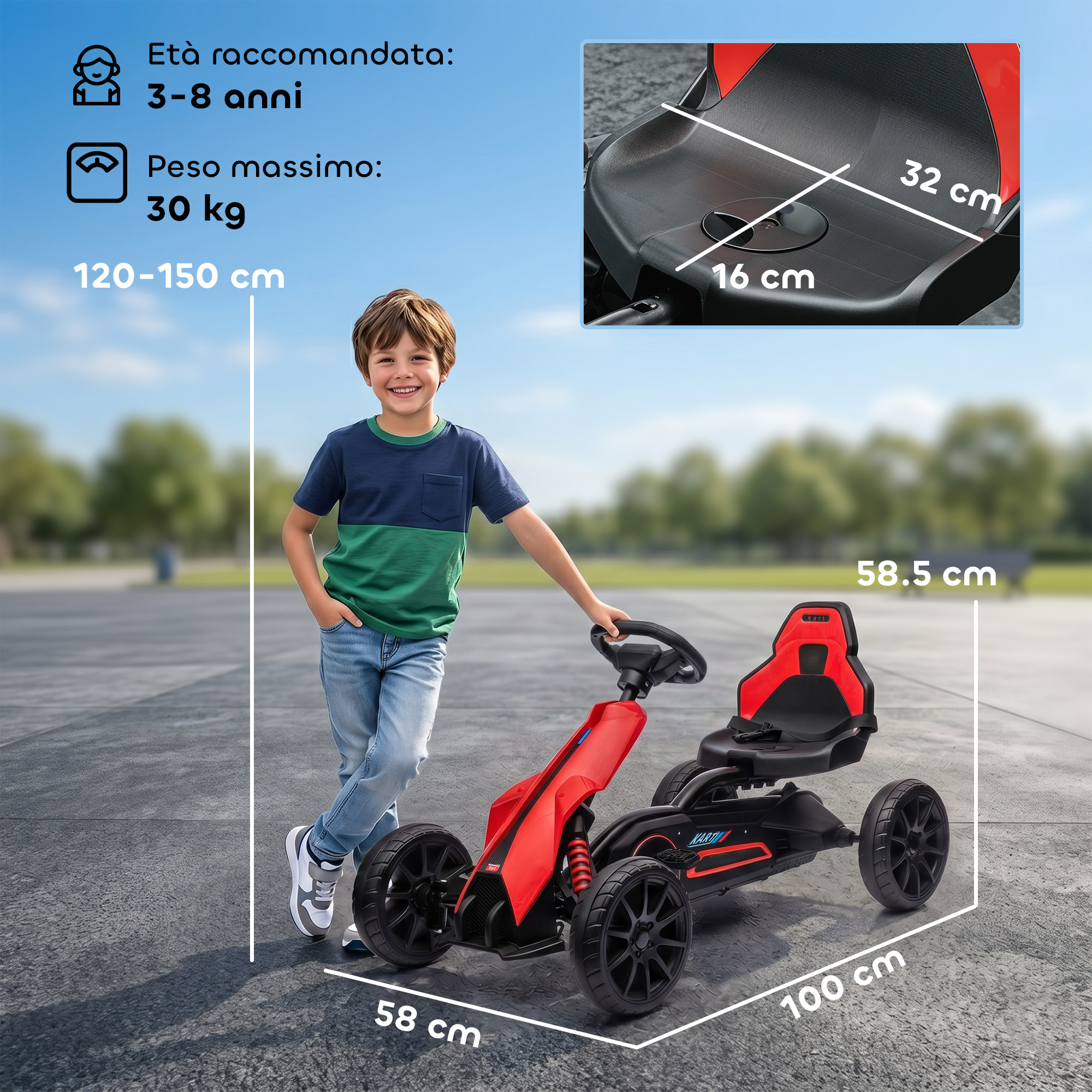 Un bambino è accanto a un go-kart rosso e nero con dimensioni.