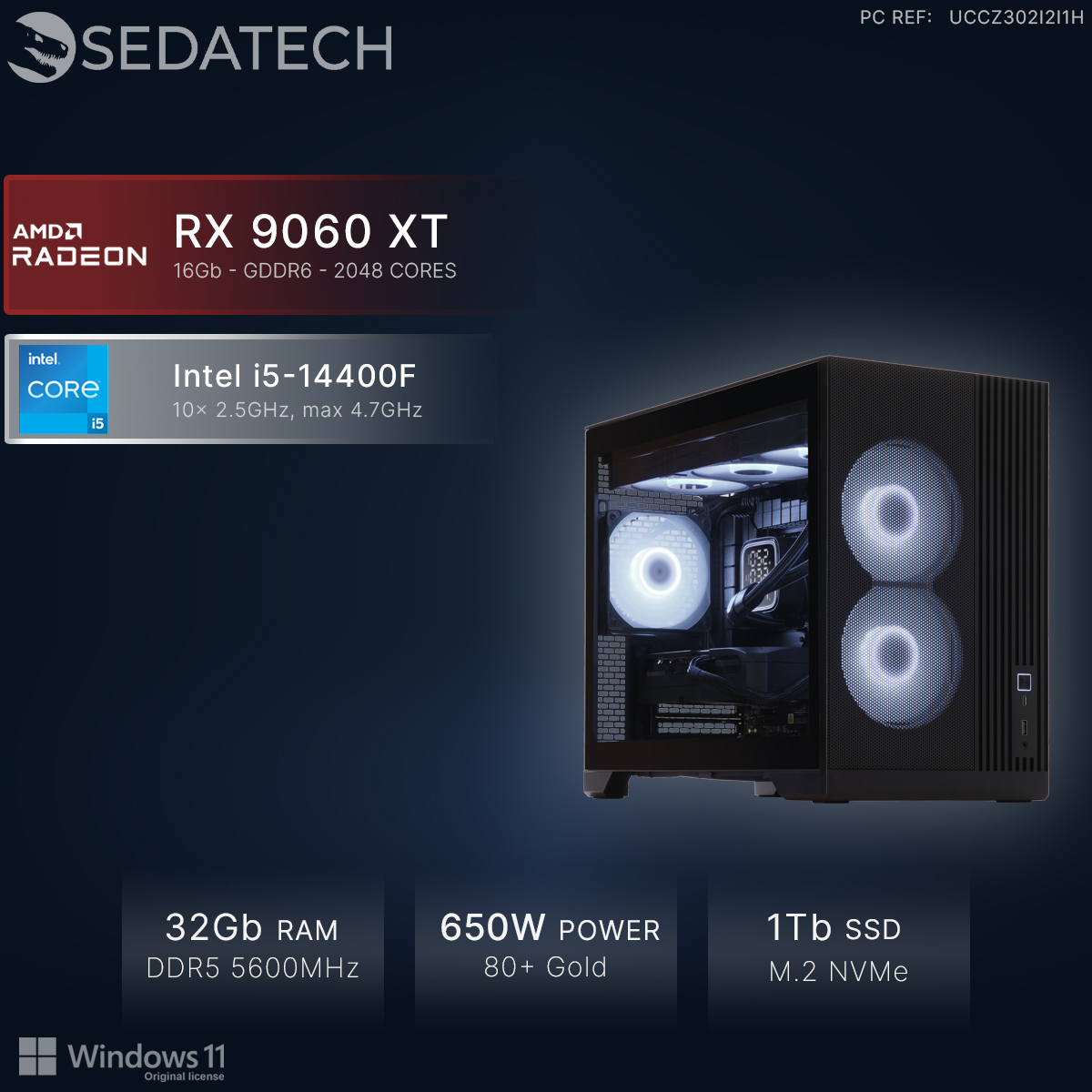 PC met AMD RX 9060 XT, Intel i5-14400F, 32GB RAM, 650W voeding, 1TB SSD.