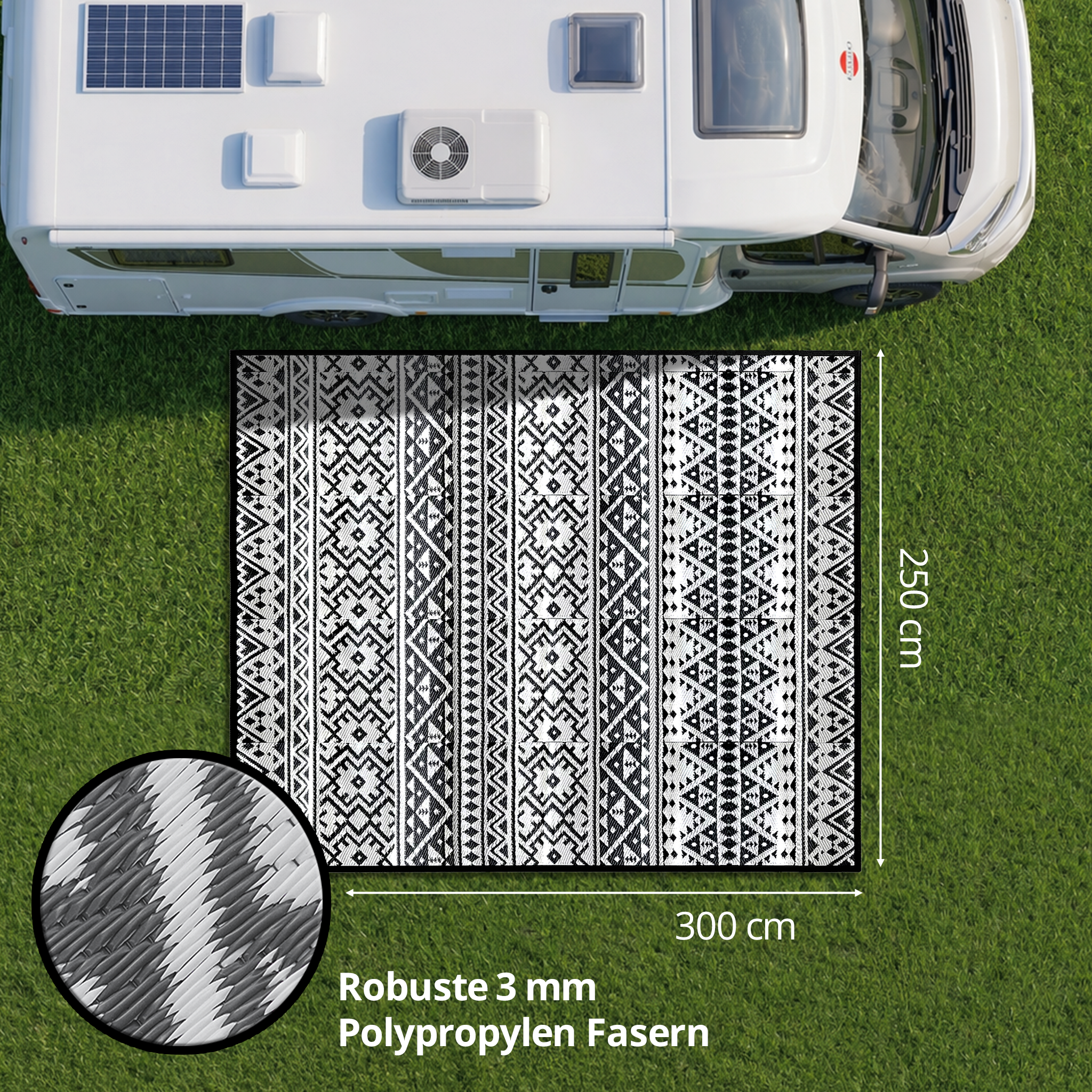 Wohnmobil auf Rasen mit Teppich (300x250cm). Nahaufnahme des Teppichs.