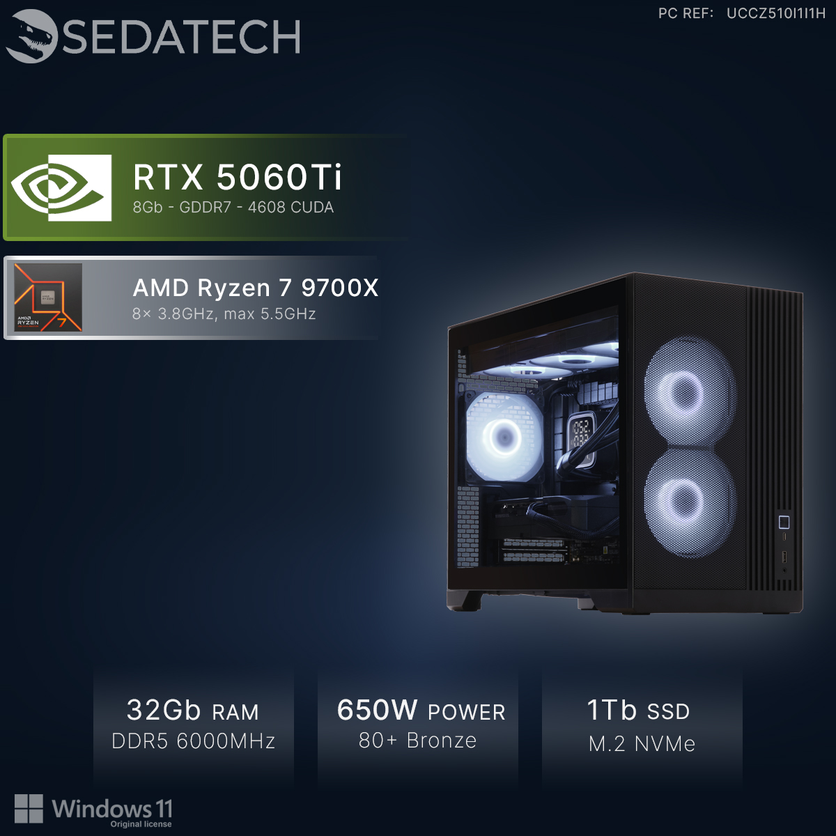 PC met RTX 5060Ti, Ryzen 7 9700X, 32GB RAM, 650W voeding, 1TB SSD.