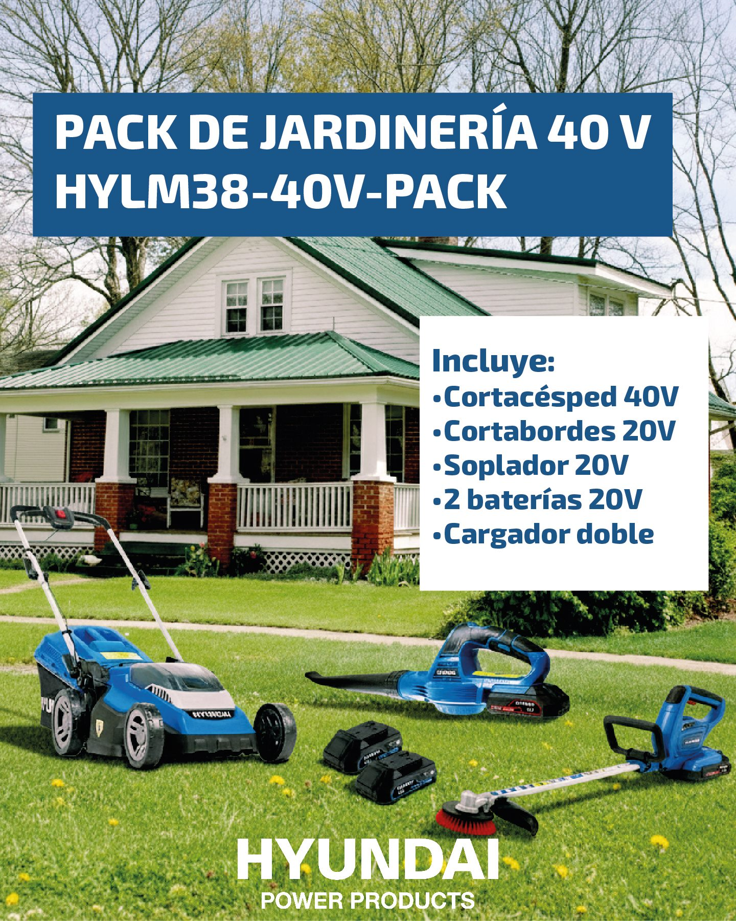 Set de jardinería con cortacésped, cortabordes, soplador y accesorios.