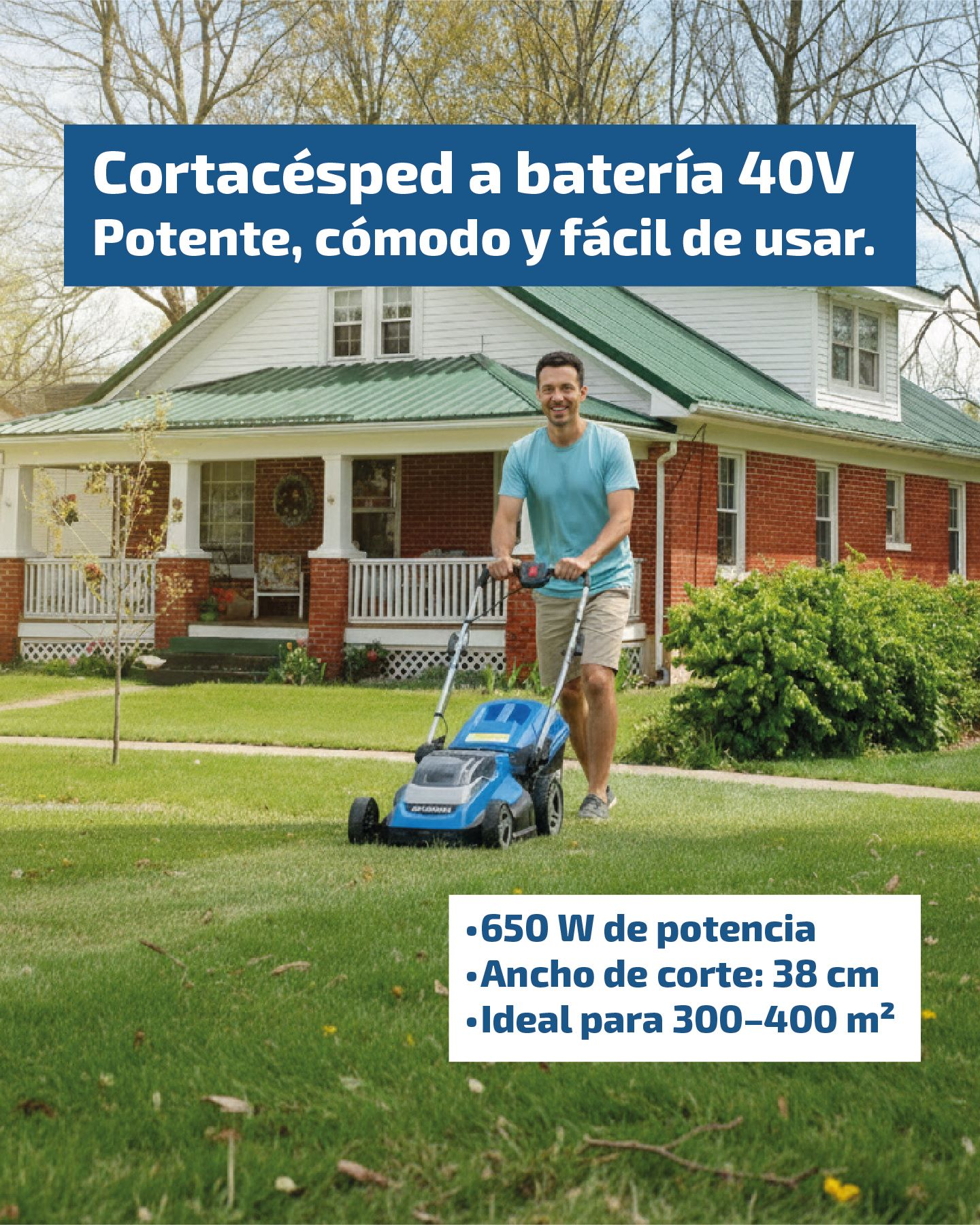 Un hombre corta el césped con un cortacésped a batería azul frente a una casa.