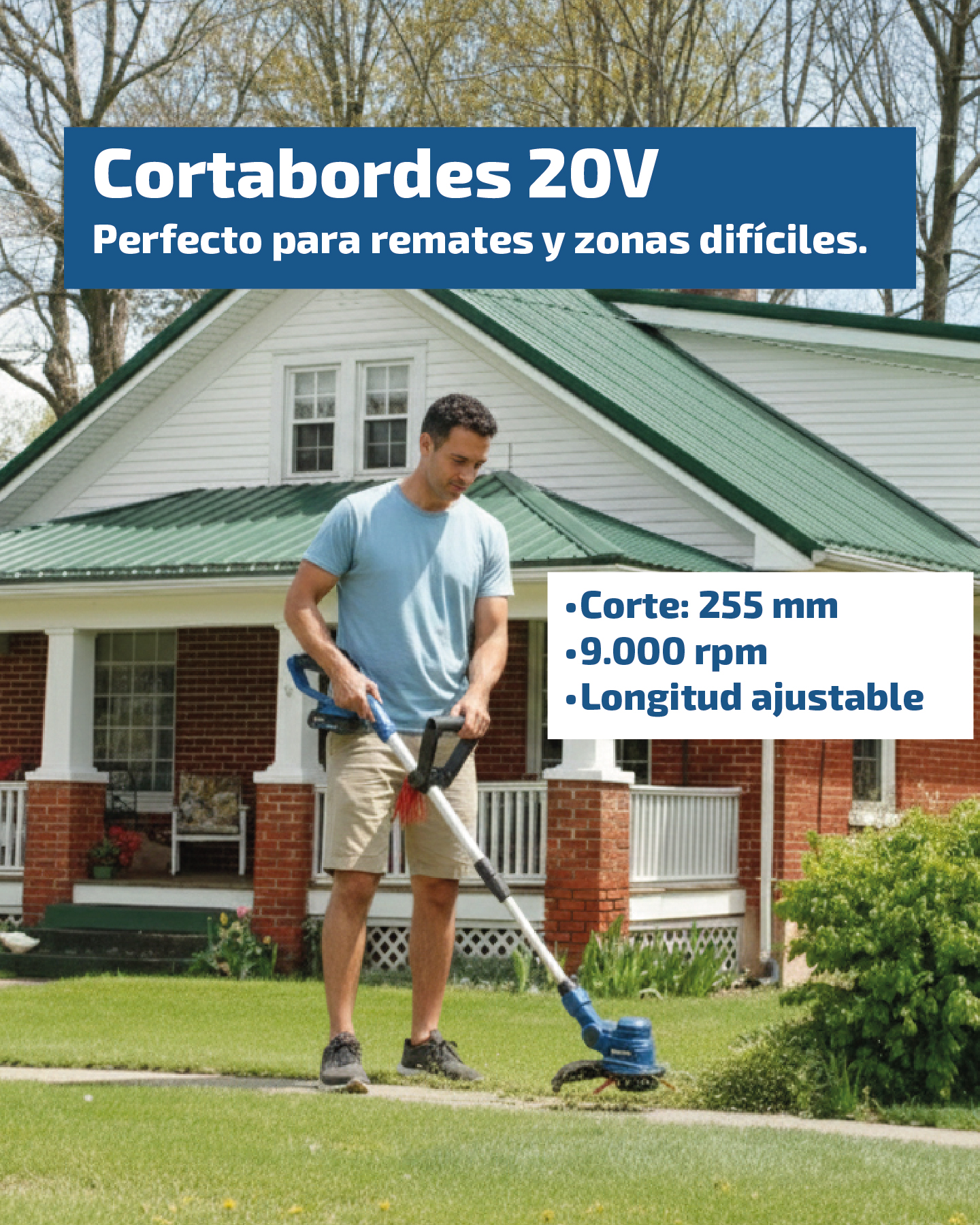 Hombre corta césped frente a casa con cortabordes azul 20V. Especificaciones.