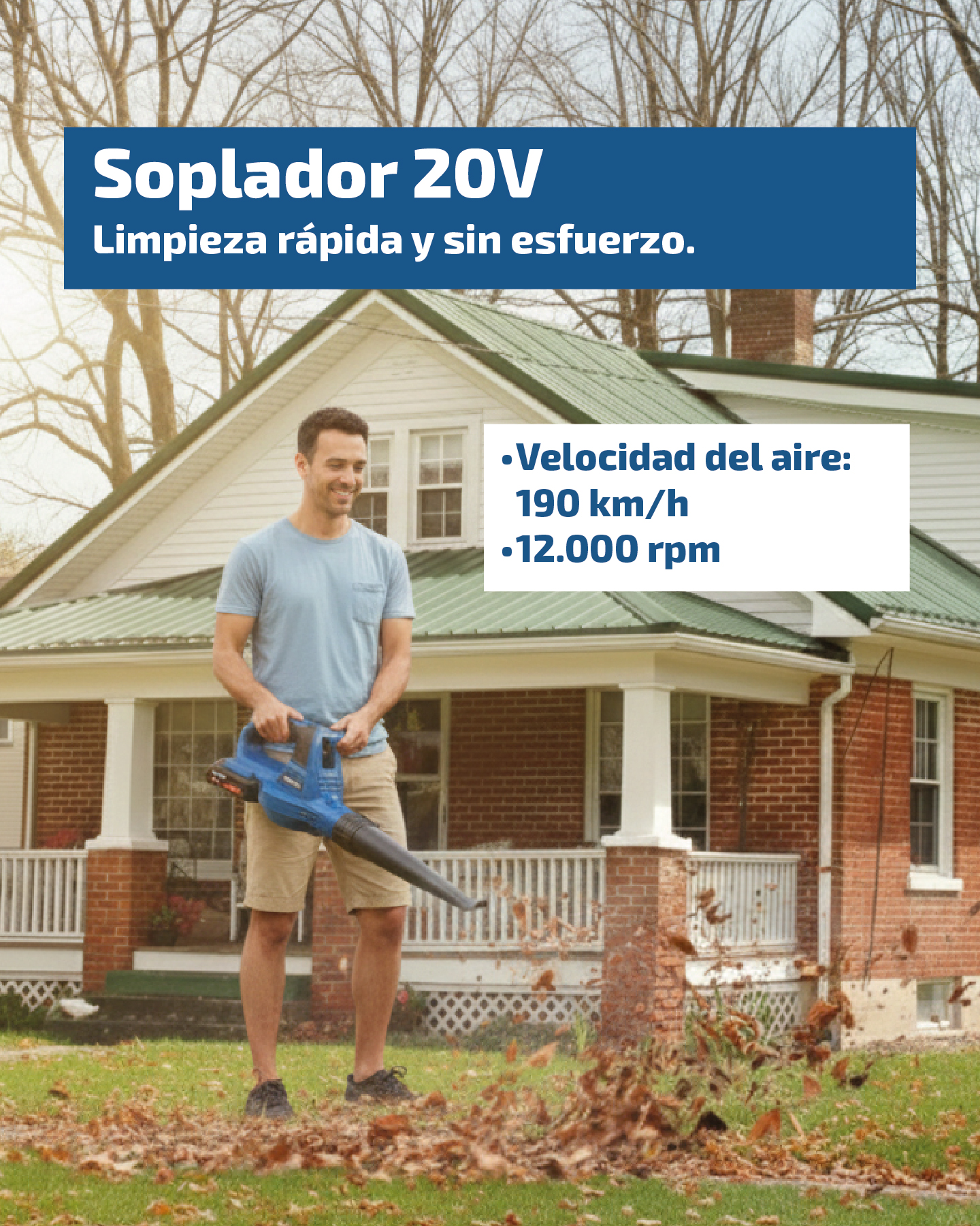 Hombre usa soplador de hojas frente a casa, hojas volando.