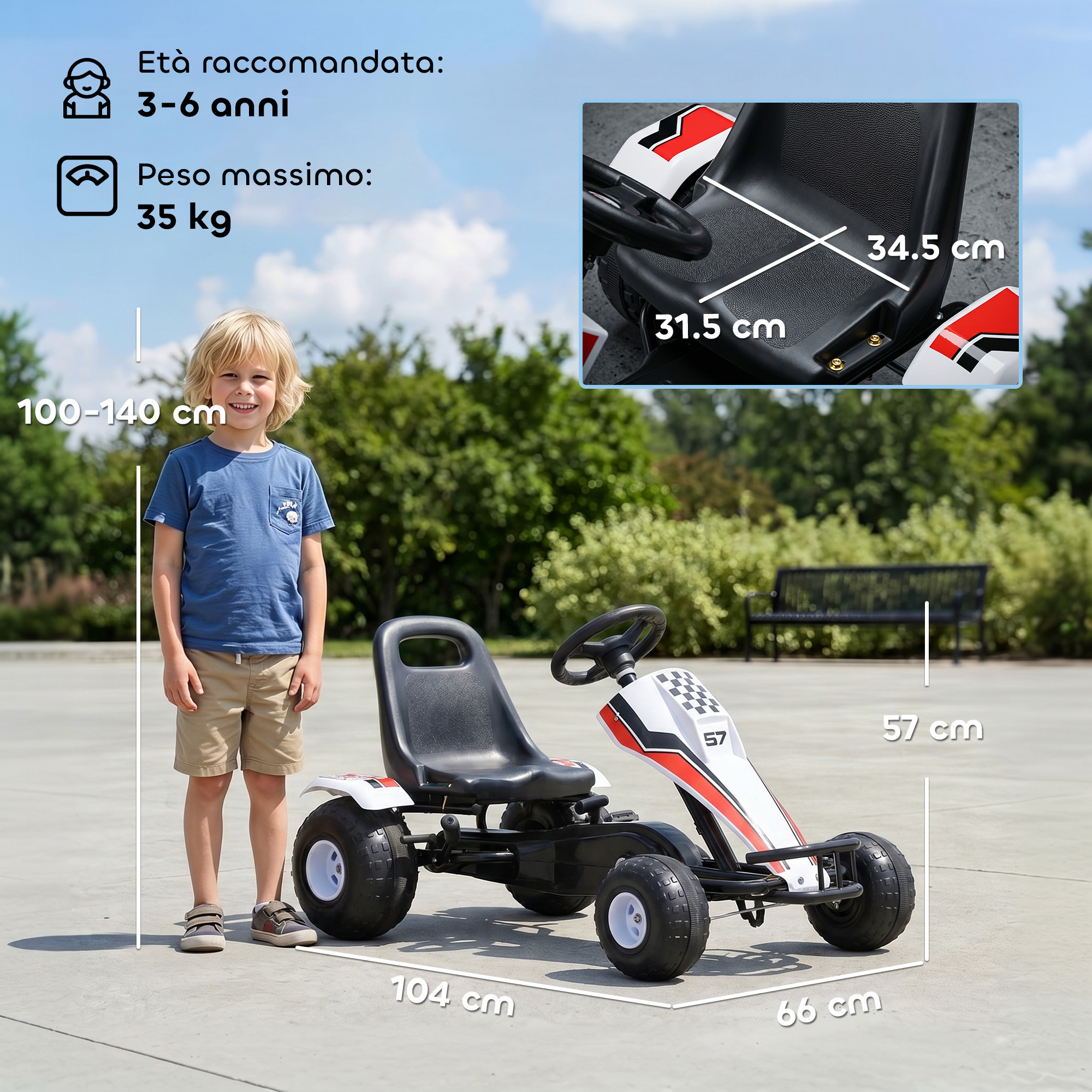 Un bambino accanto a un go-kart bianco con accenti neri. Misure indicate.