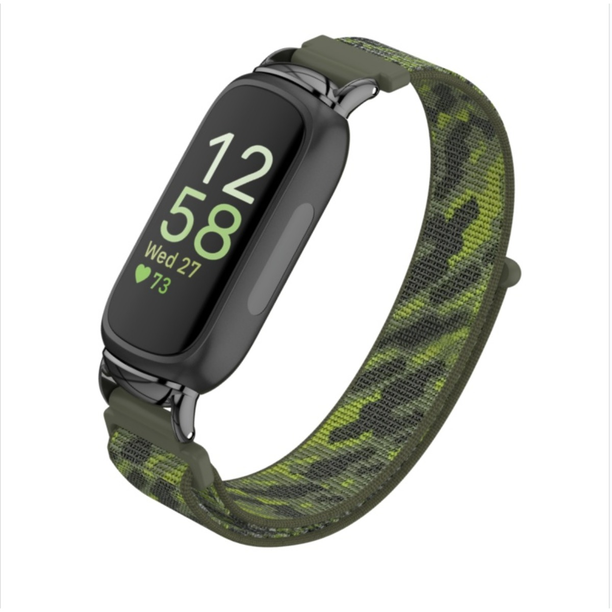 Fitness tracker con cinturino mimetico e display digitale con ora e data.
