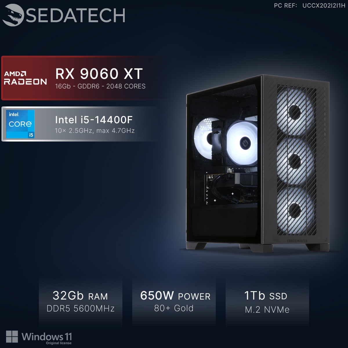 Un PC avec AMD Radeon RX 9060 XT, Intel i5-14400F, 32Go RAM, 650W.
