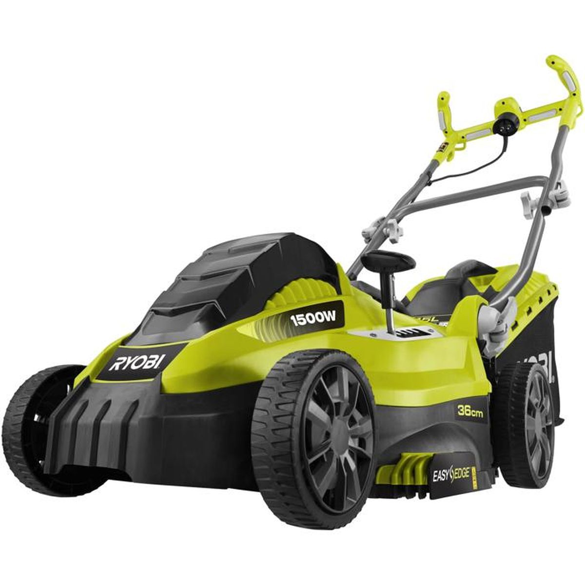 Un cortacésped Ryobi verde y negro con 1500W y ancho de corte de 36cm.