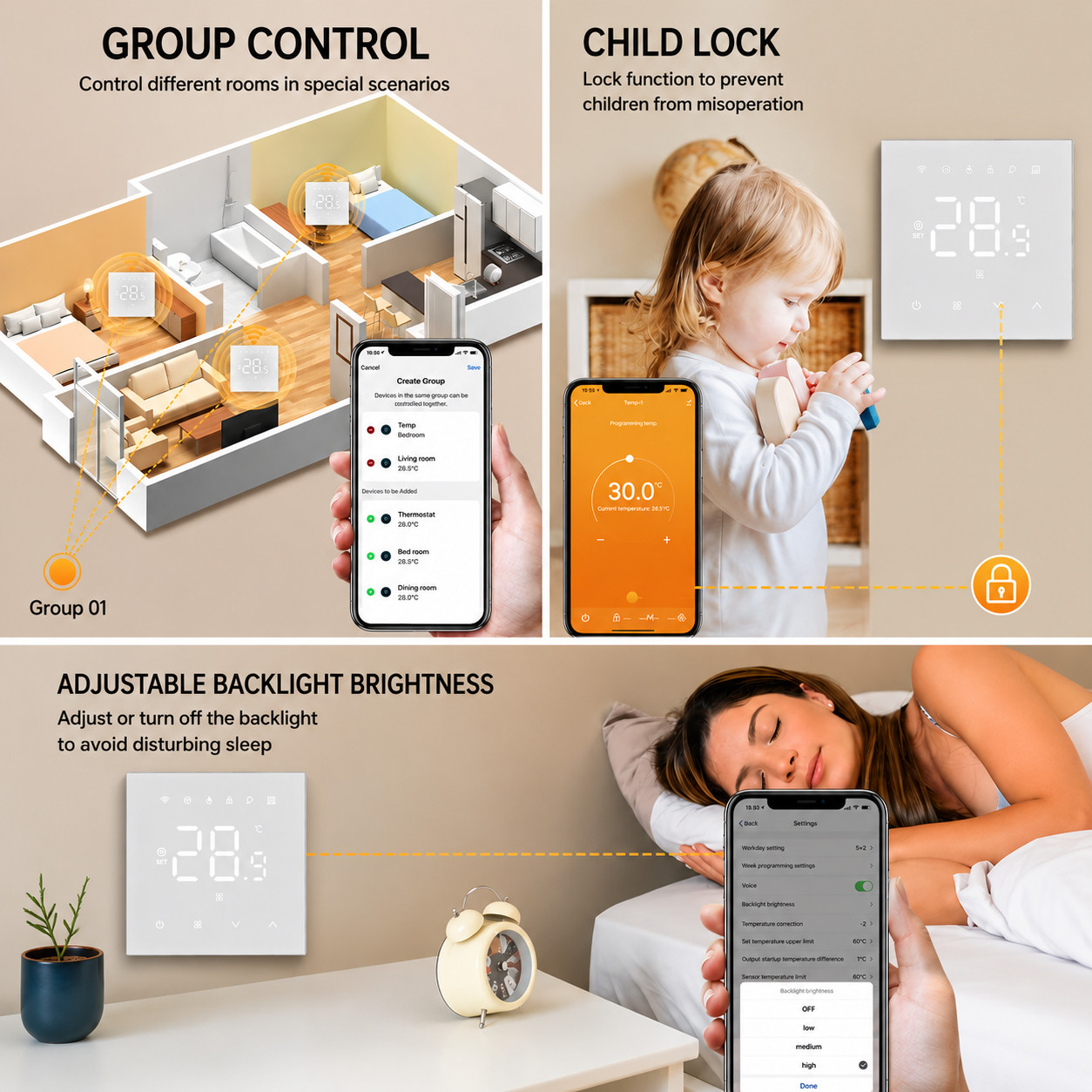 Übersicht verschiedener Thermostat-Funktionen: Gruppentrennung, Kindersicherung und Helligkeitseinstellung.