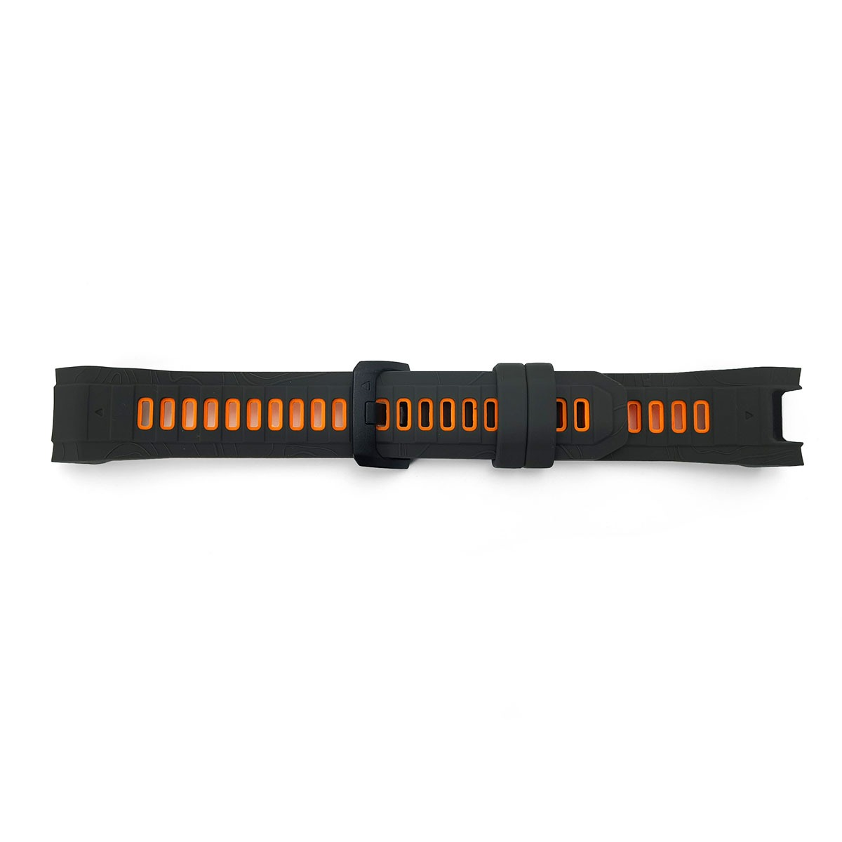 Schwarzes Uhrenarmband mit orangefarbenen Lüftungsschlitzen und Schnalle.