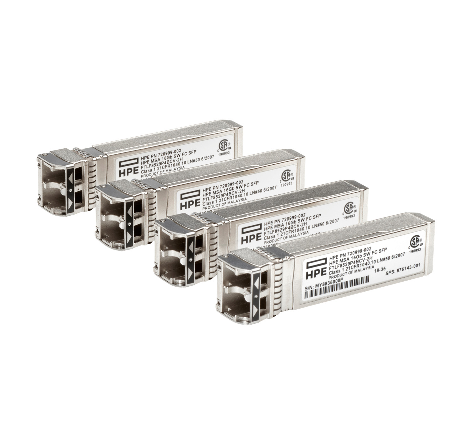 Etiketli dört gümüş HPE SFP modülü yan yana dizilmiş.
