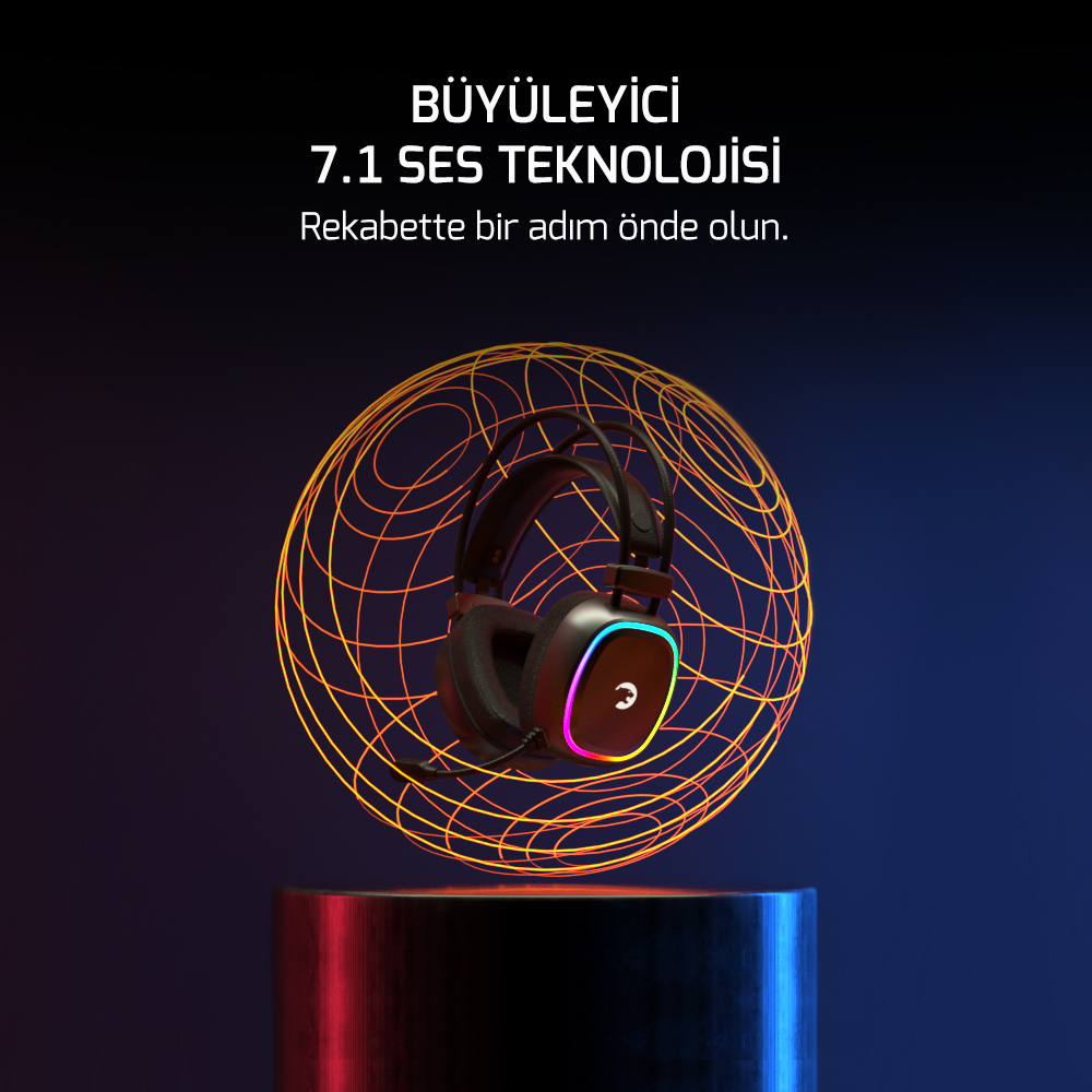 RGB aydınlatmalı siyah kulaklık, parlayan tel kafes küre ile çevrili.
