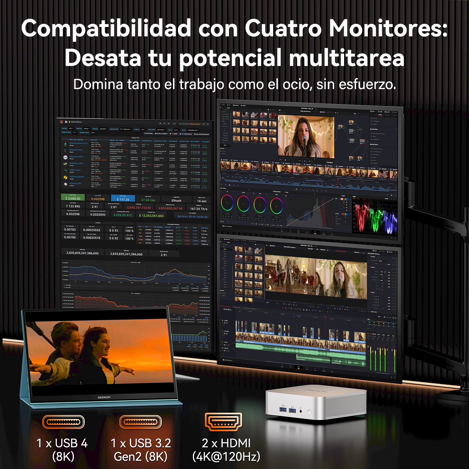 Un escritorio con cuatro monitores, un portátil y un mini PC. Varias pantallas muestran datos y vídeo.