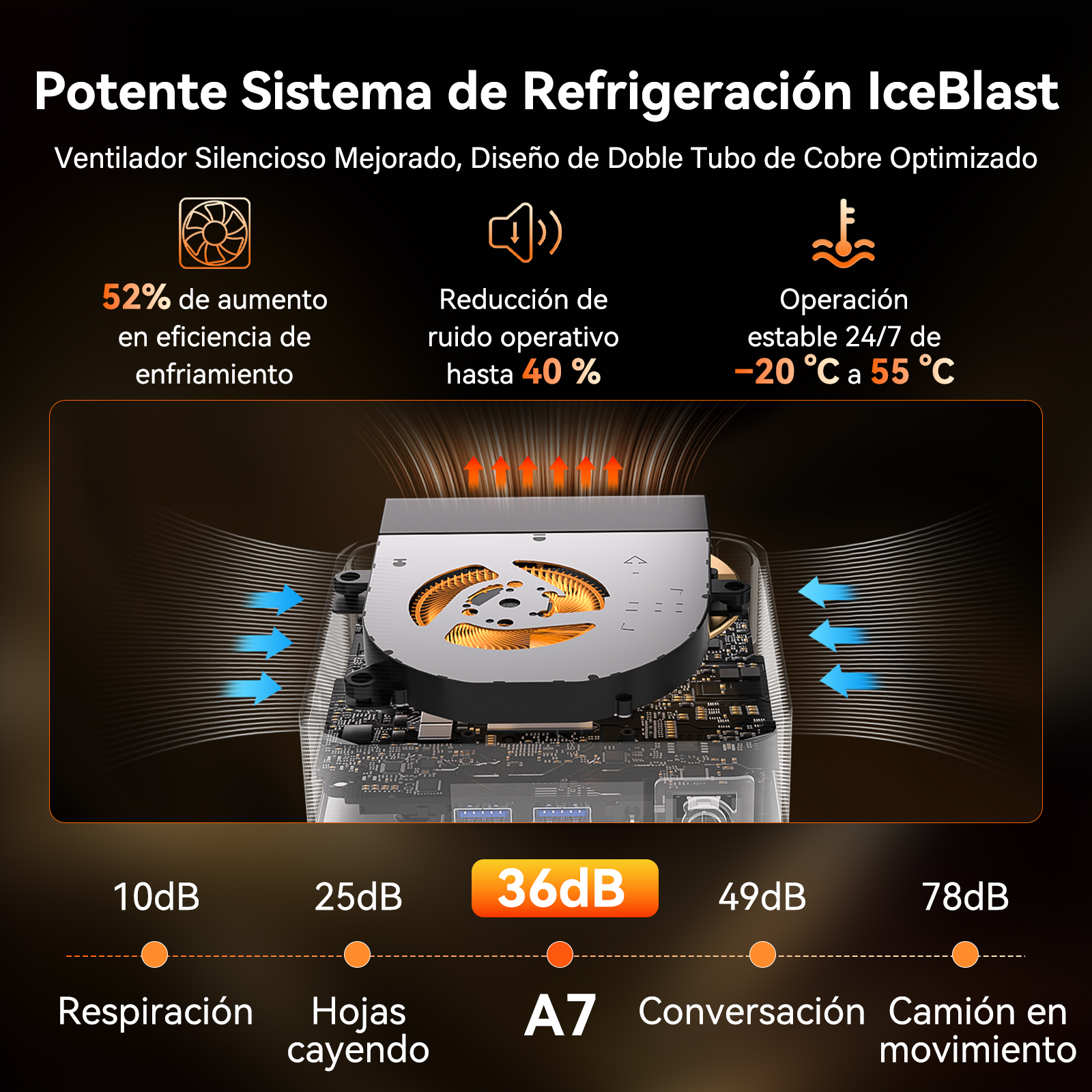 Sistema de refrigeración con ventilador, placa de circuito, flechas azules y datos.