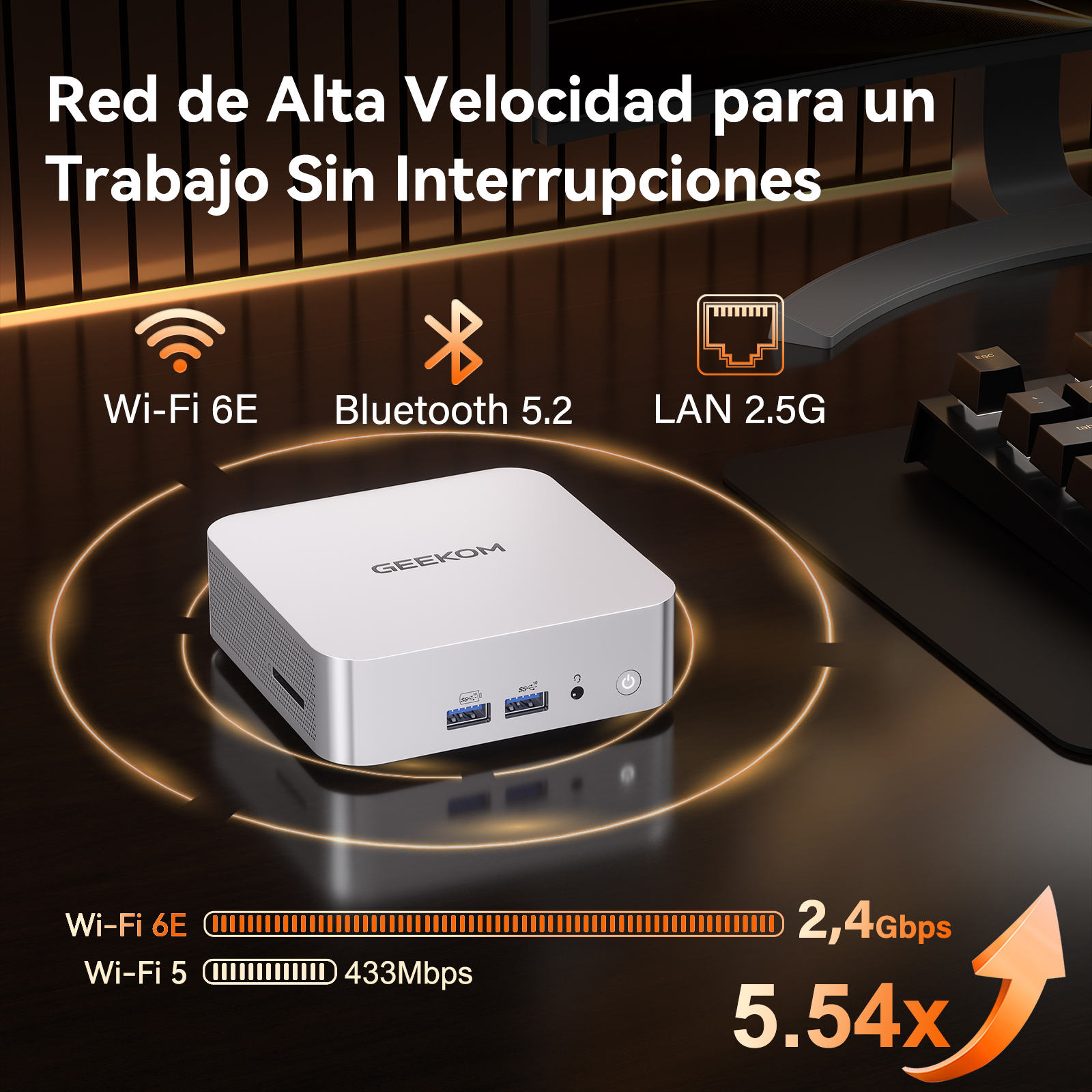 Un mini PC blanco con Wi-Fi 6E, Bluetooth 5.2 y LAN de 2,5G.