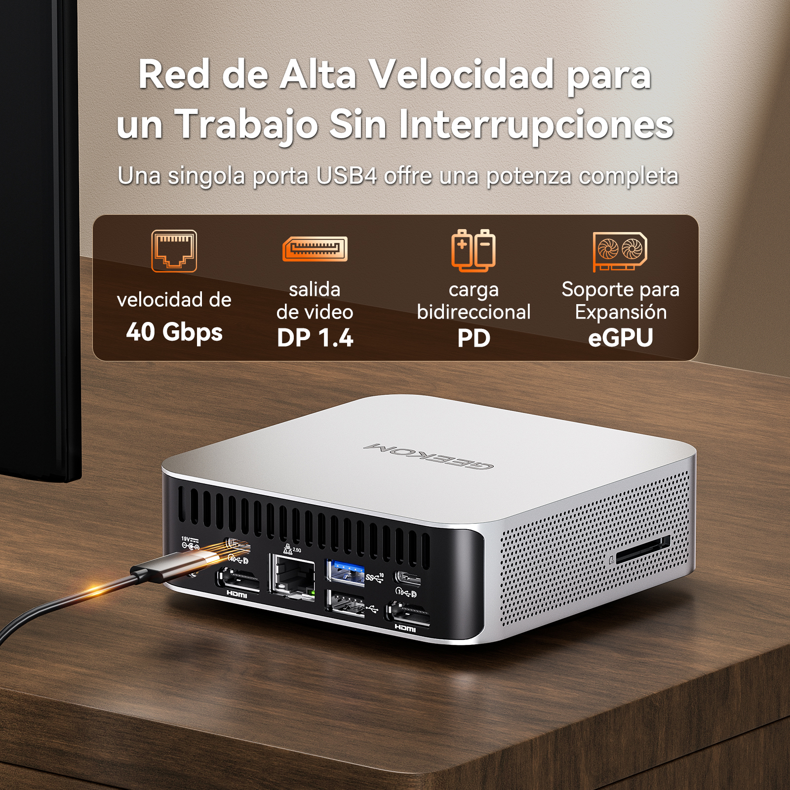 Mini PC plateado con puertos y cable, 40 Gbps, DP 1.4, PD, soporte eGPU.