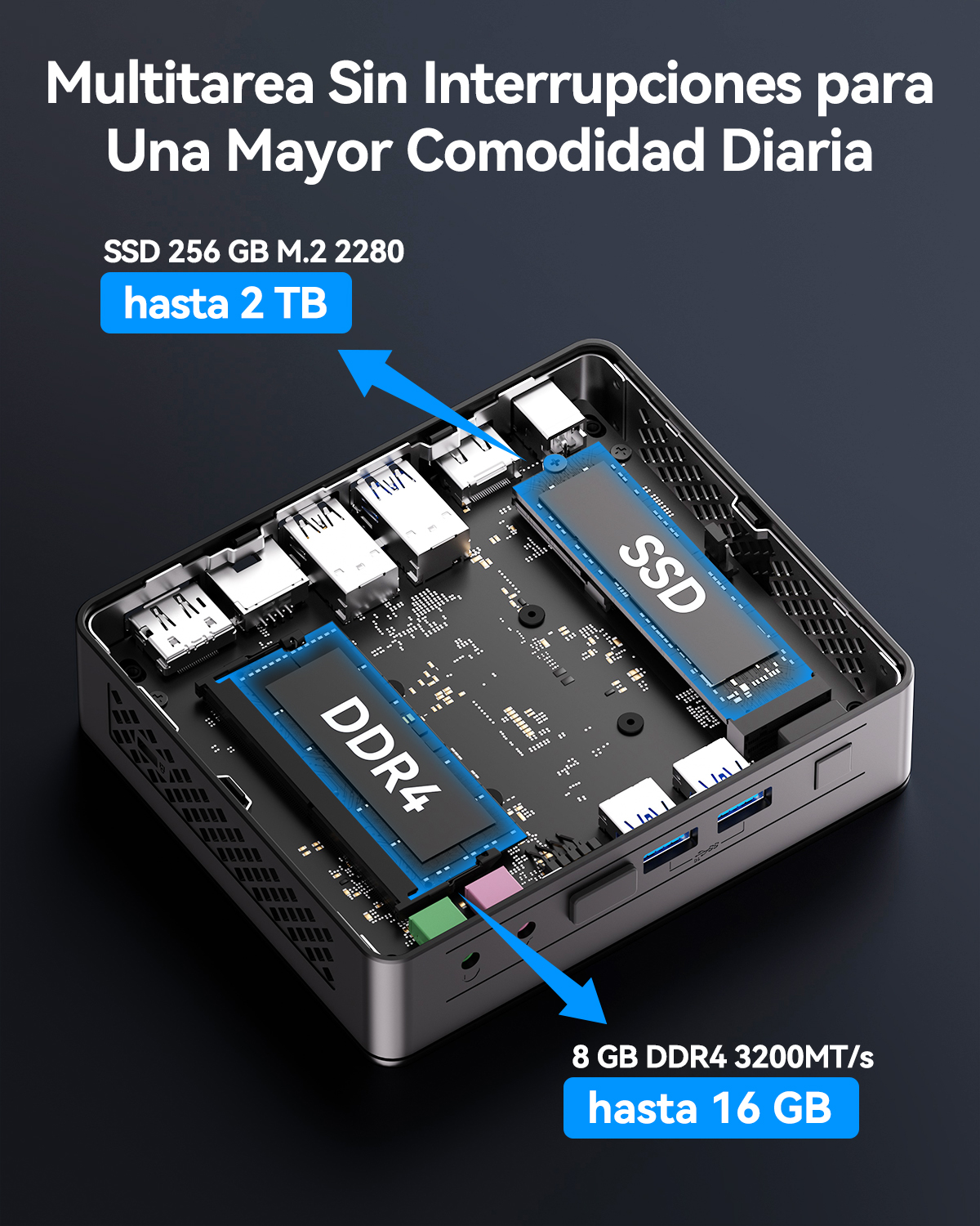 Un ordenador pequeño con carcasa abierta muestra módulos de memoria SSD y DDR4.