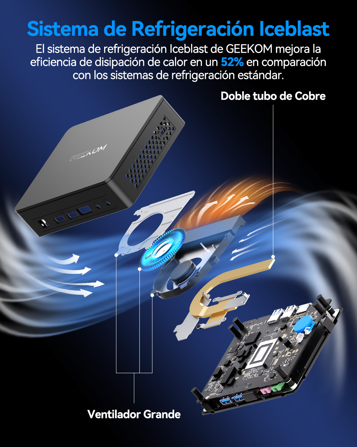 Vista explosionada de un enfriador GEEKOM con CPU, ventilador y tubos de cobre.