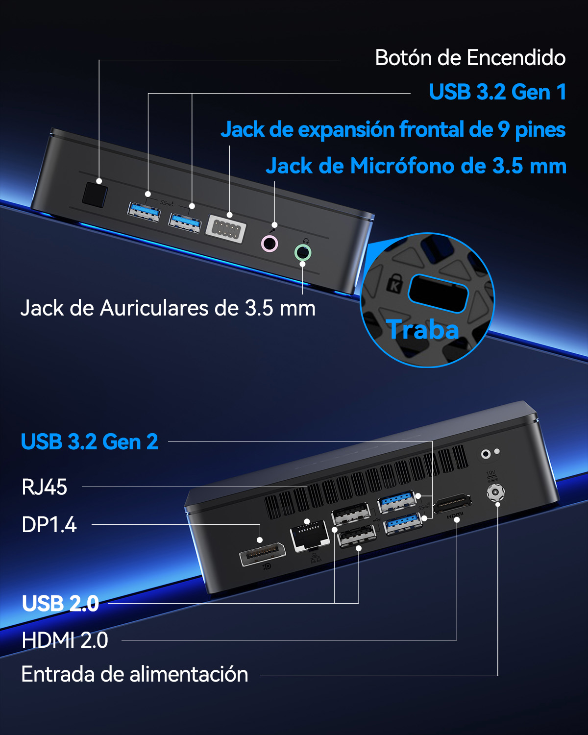 Mini PC negro con puertos: USB, RJ45, HDMI, alimentación. Display-Port.