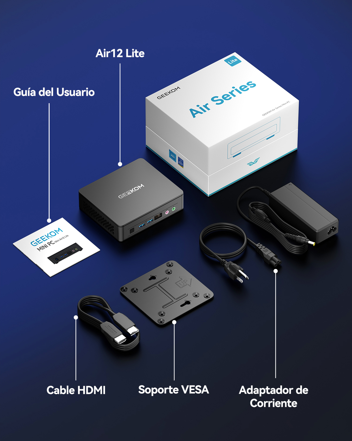 GEEKOM Mini PC Air12 Lite con accesorios: caja, adaptador, cables, soporte.