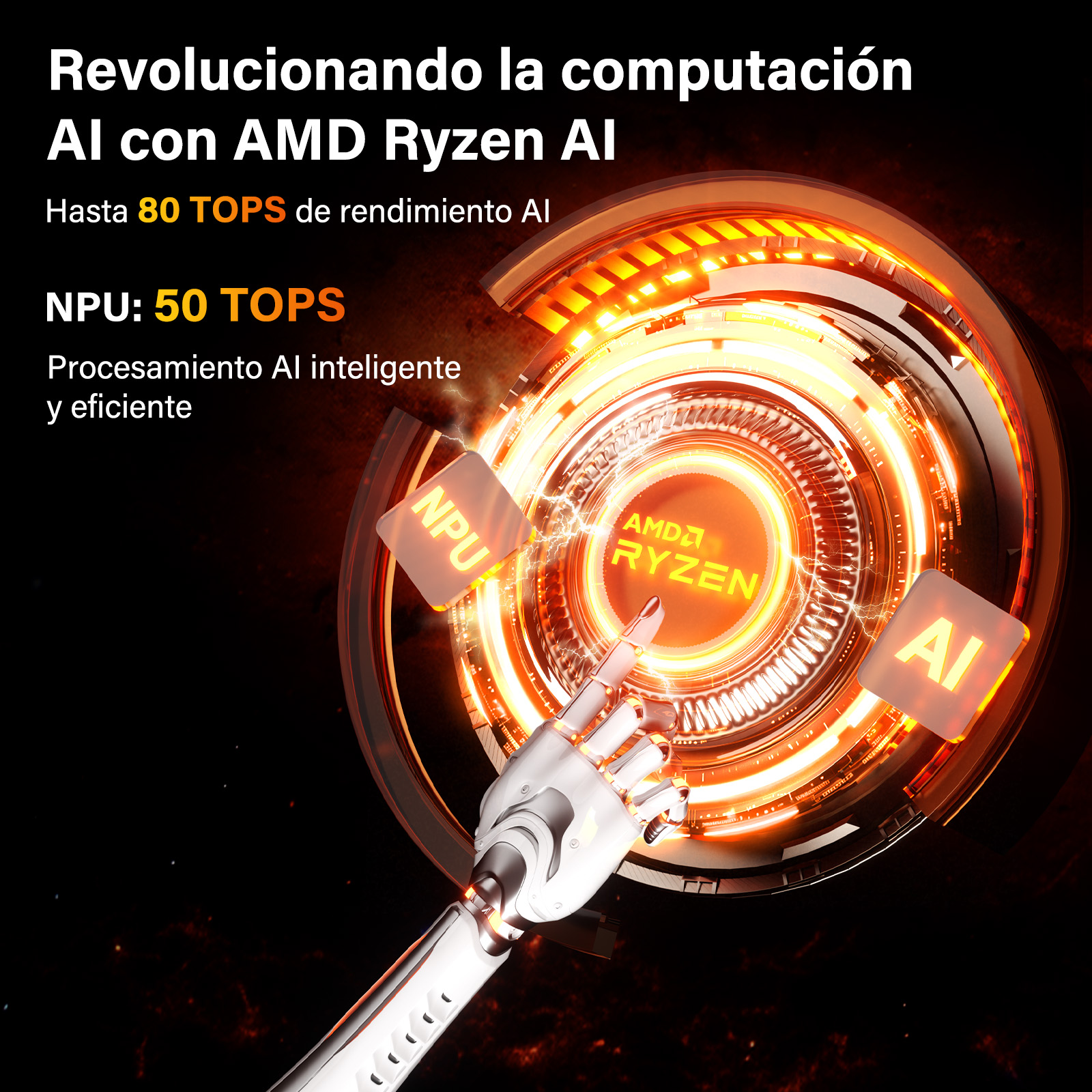 Mano robótica ante chip AMD Ryzen AI brillante con iconos NPU y AI.