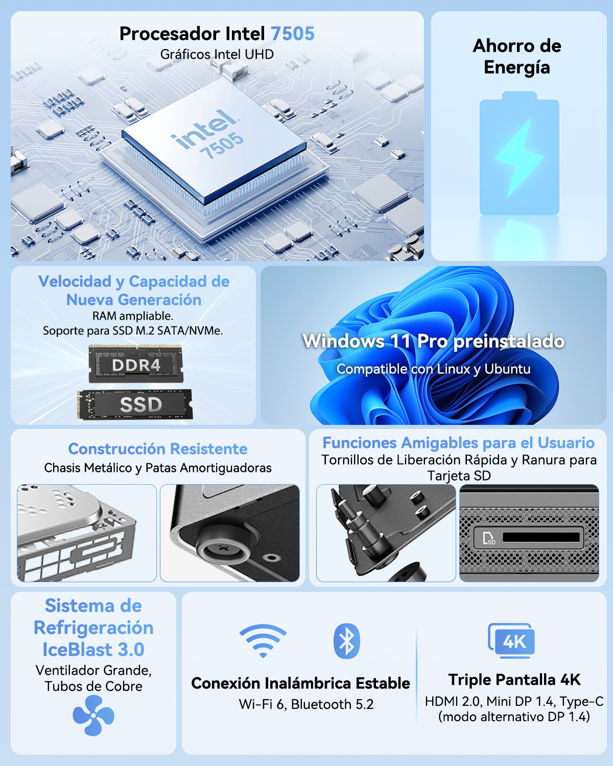 Infografía de portátil con procesador Intel 7505, RAM, SSD, construcción robusta, refrigeración, Windows 11 y pantalla 4K.