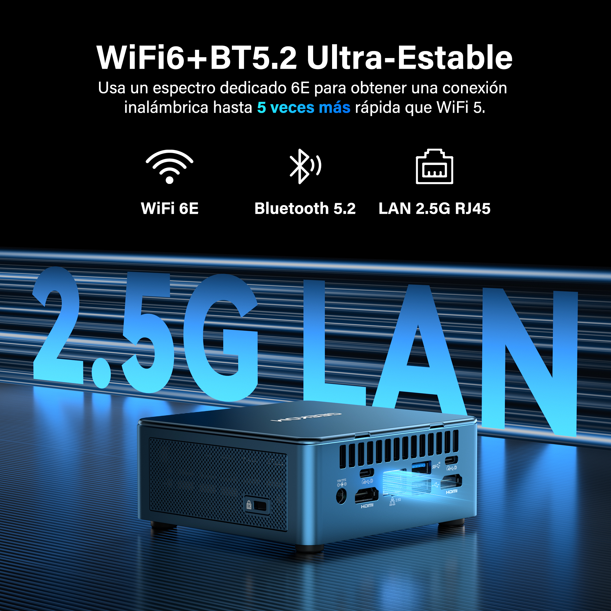 Un PC azul compacto con texto "2.5G LAN" e iconos WiFi 6E, Bluetooth 5.2.