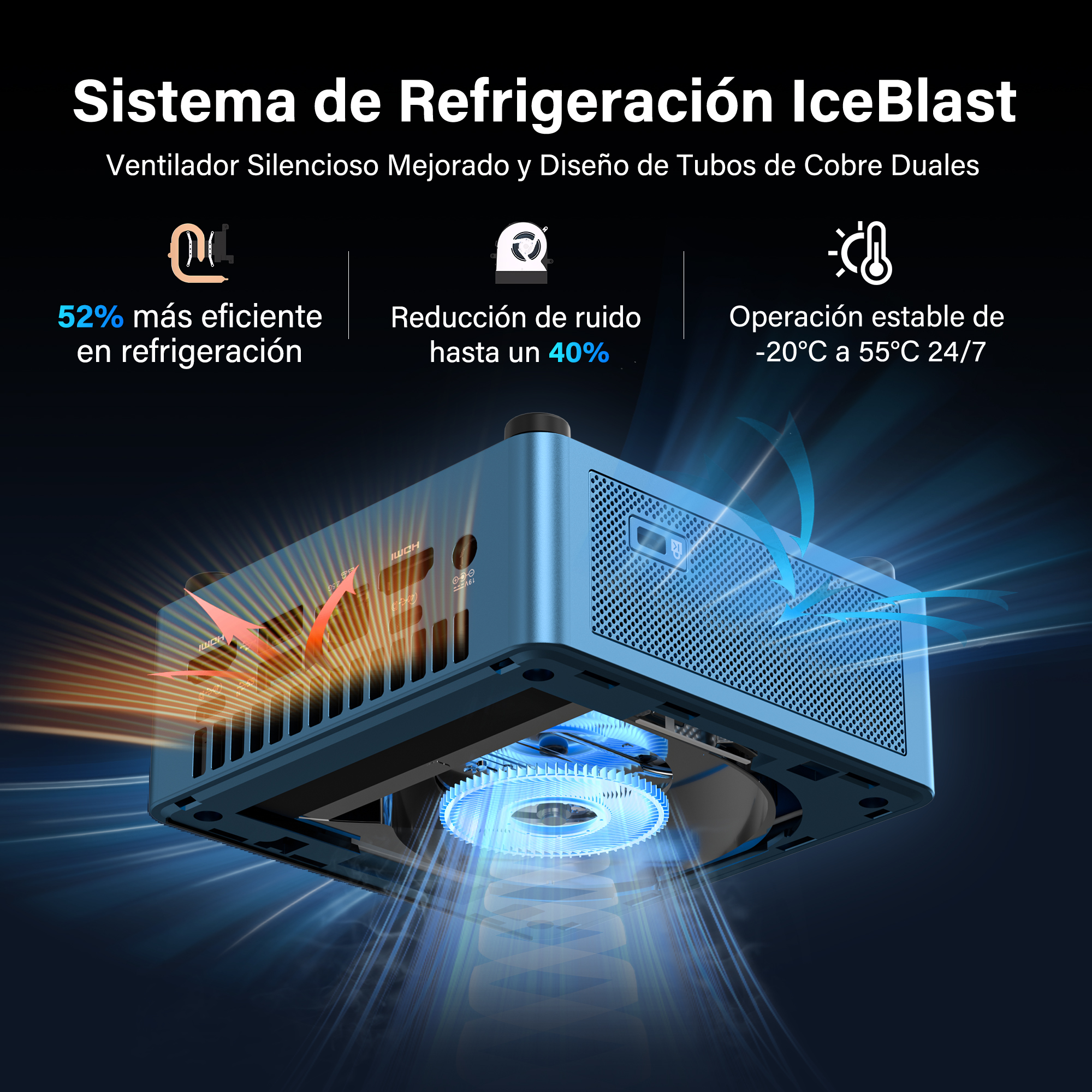 Un dispositivo de enfriamiento azul con ventilador, calor y flujo de aire frío.